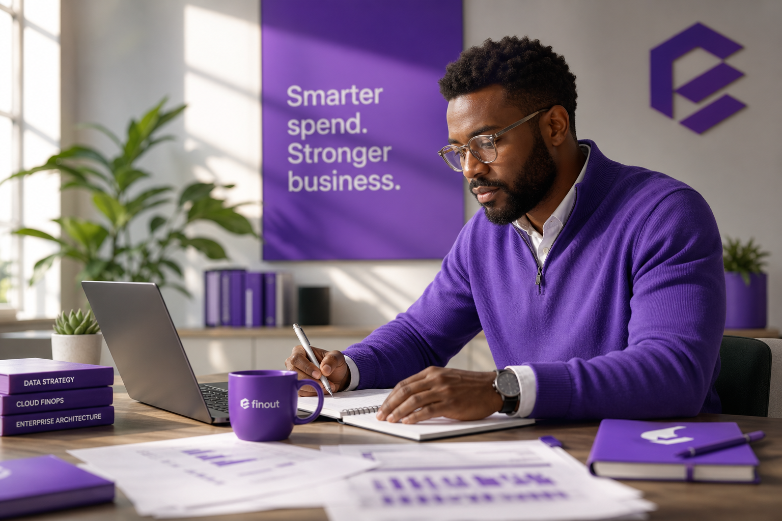 Enterprise data architect working at a desk with out-of-focus abstract screens