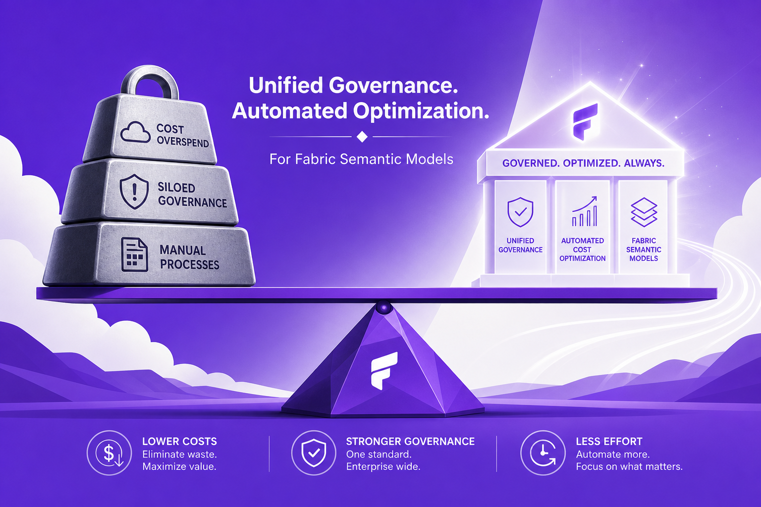 Abstract concept illustration of a geometric fulcrum balancing heavy elements to represent optimized cost governance