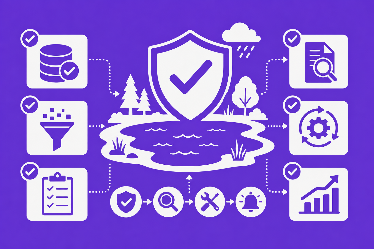 Concept illustration displaying a visual checklist of best practices for preventing direct lake fallback.