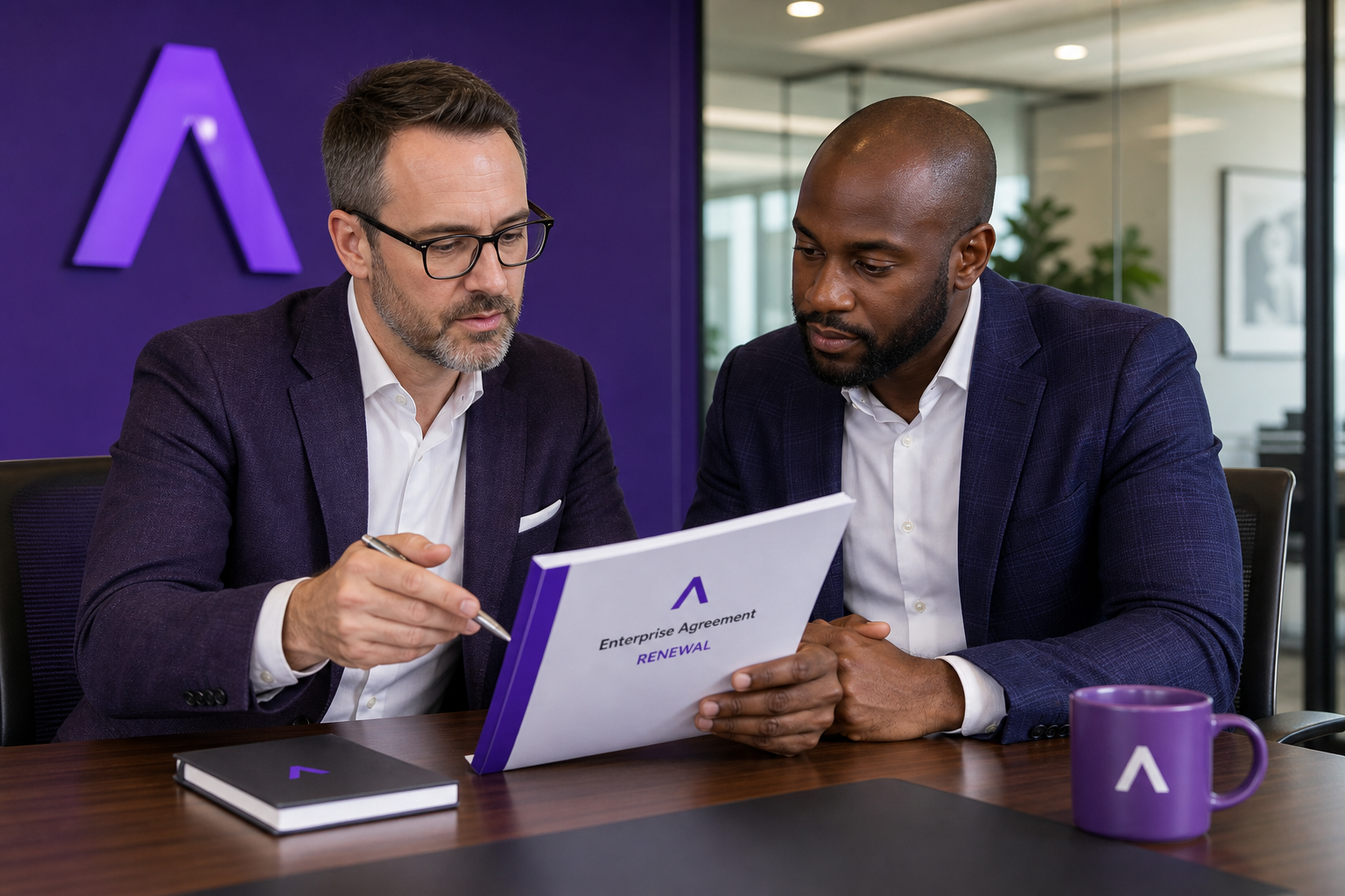 IT leaders discussing enterprise agreement renewals over printed documents.