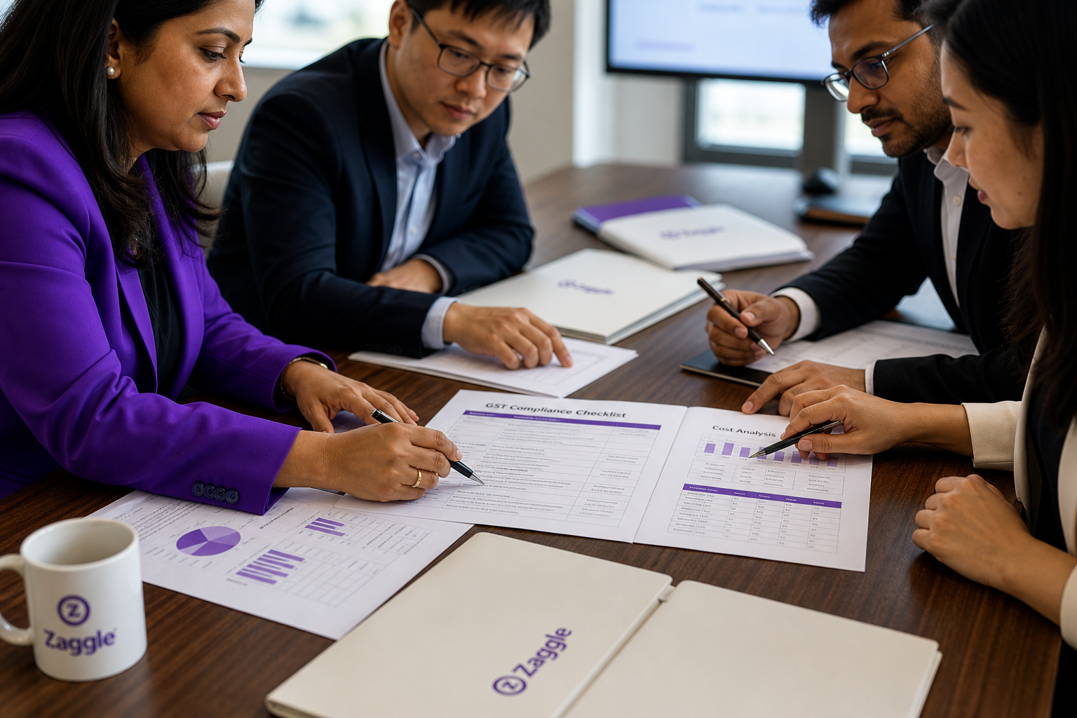 Indian and APAC enterprise professionals collaborating over printed cost analytics documents in a meeting room.