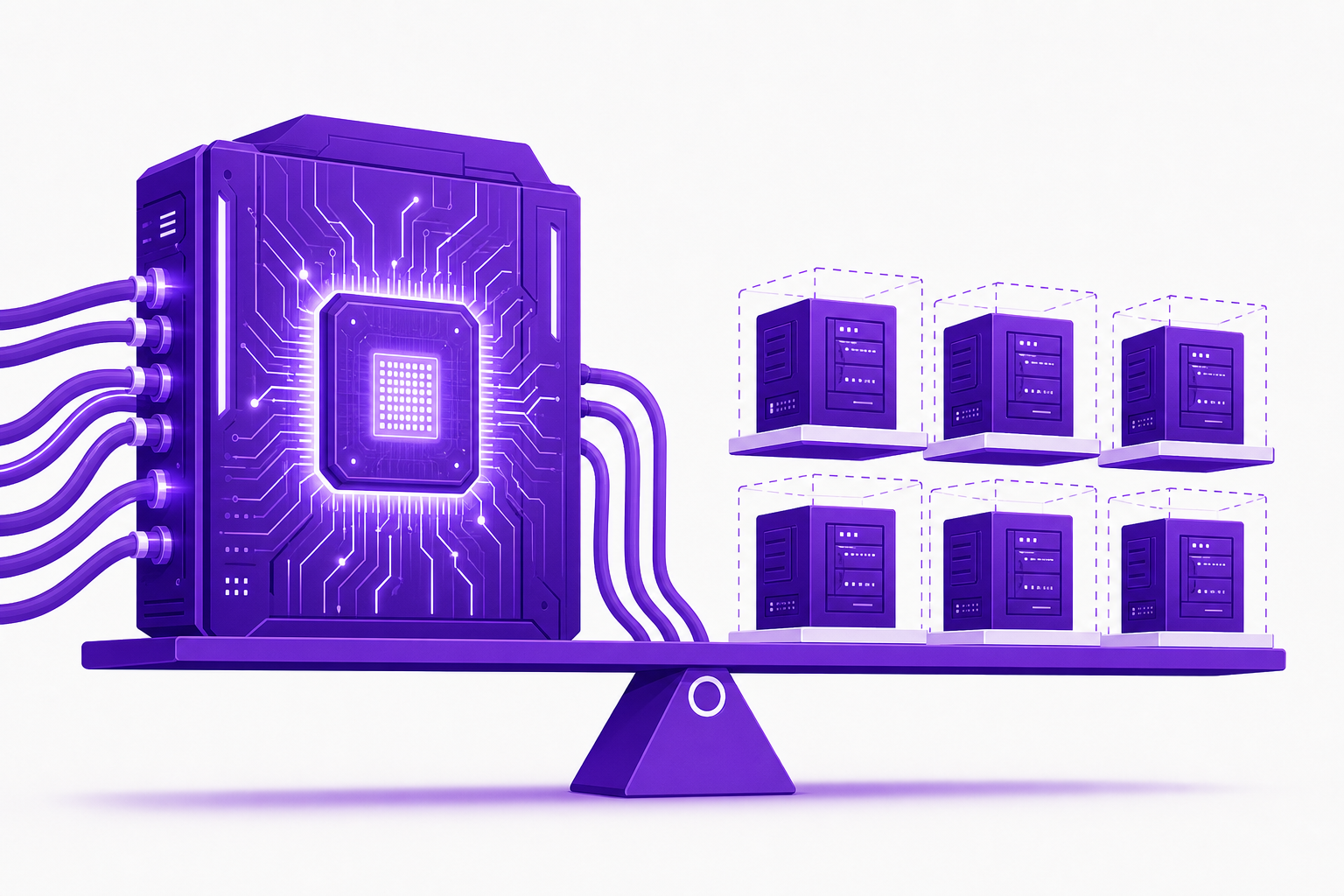 Concept illustration of balancing a single massive computing core versus multiple segmented processing blocks