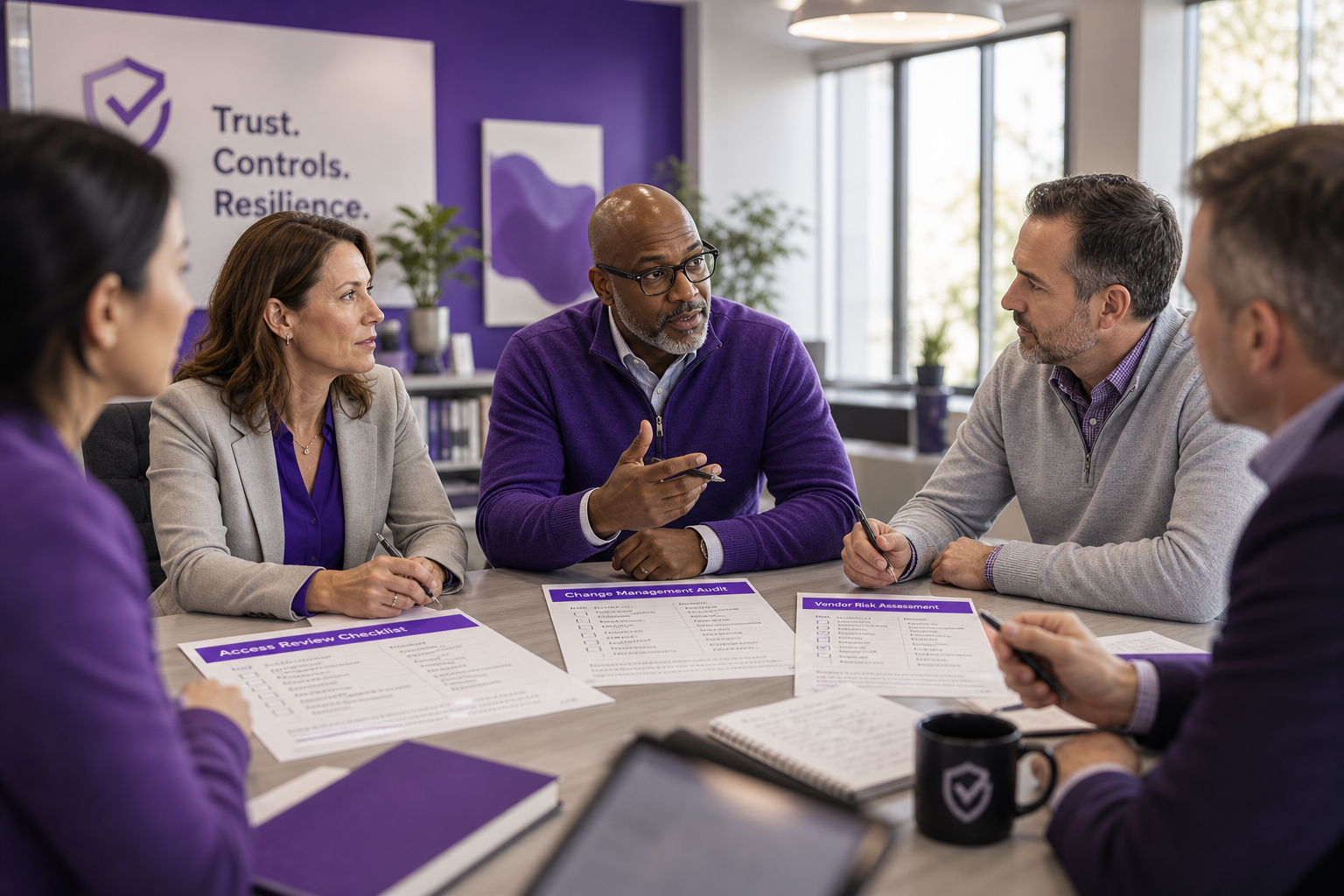 Enterprise IT leaders discussing AI compliance and audit readiness in a modern workspace