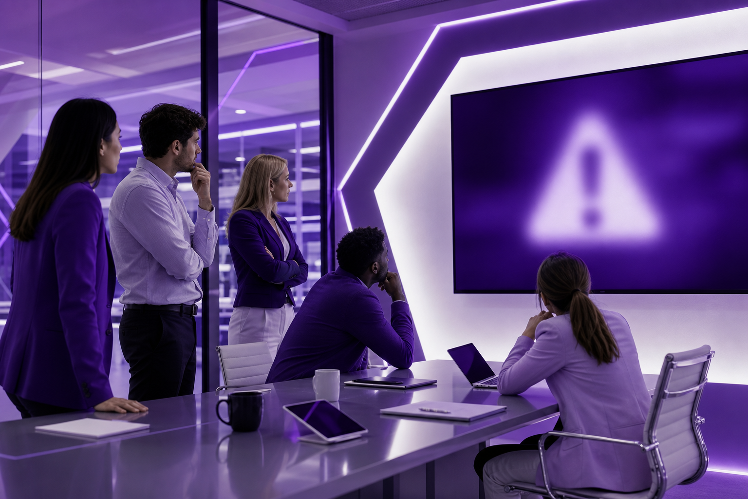 A business team in a conference room reacting to a sudden software shutdown on an abstract display.