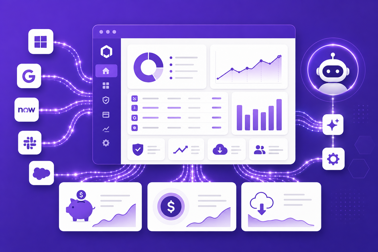 Concept illustration of an AI-driven SaaS management dashboard connecting integrations and cost-saving metrics.