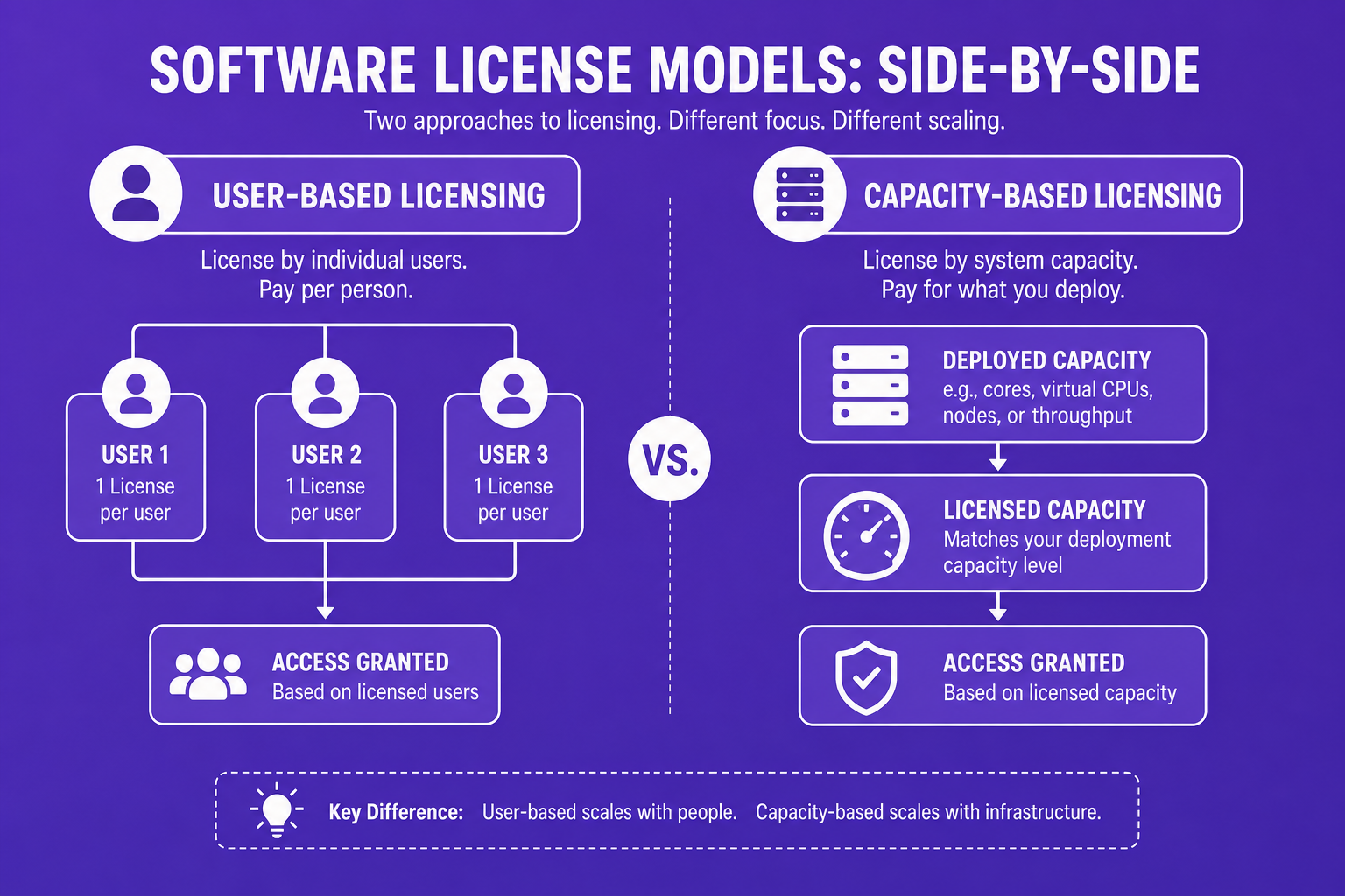 Labeled diagram comparing user-based and capacity-based licensing models.