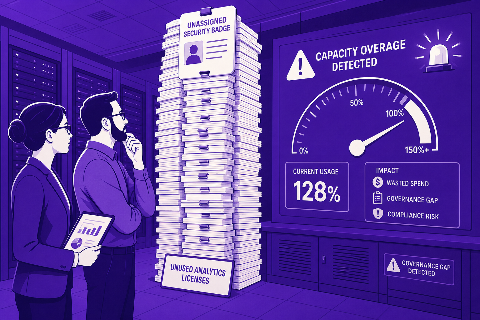 Illustration of IT teams facing piles of unused analytics licenses and capacity overage alerts
