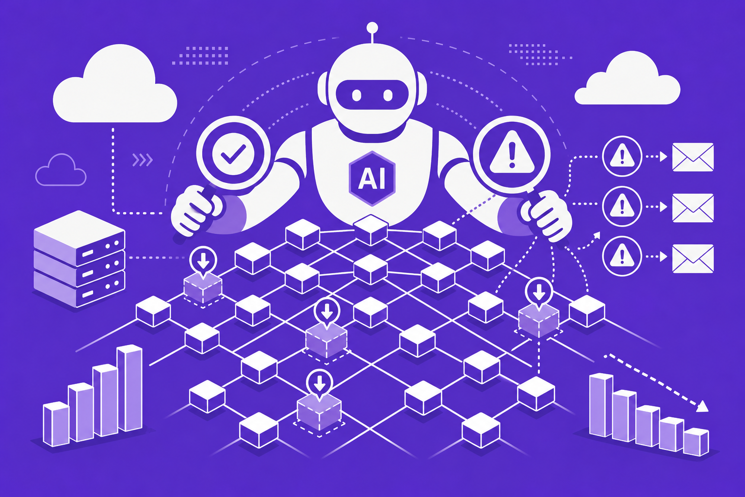Concept illustration of an AI custodian system monitoring a cloud fabric and generating cost-saving alerts