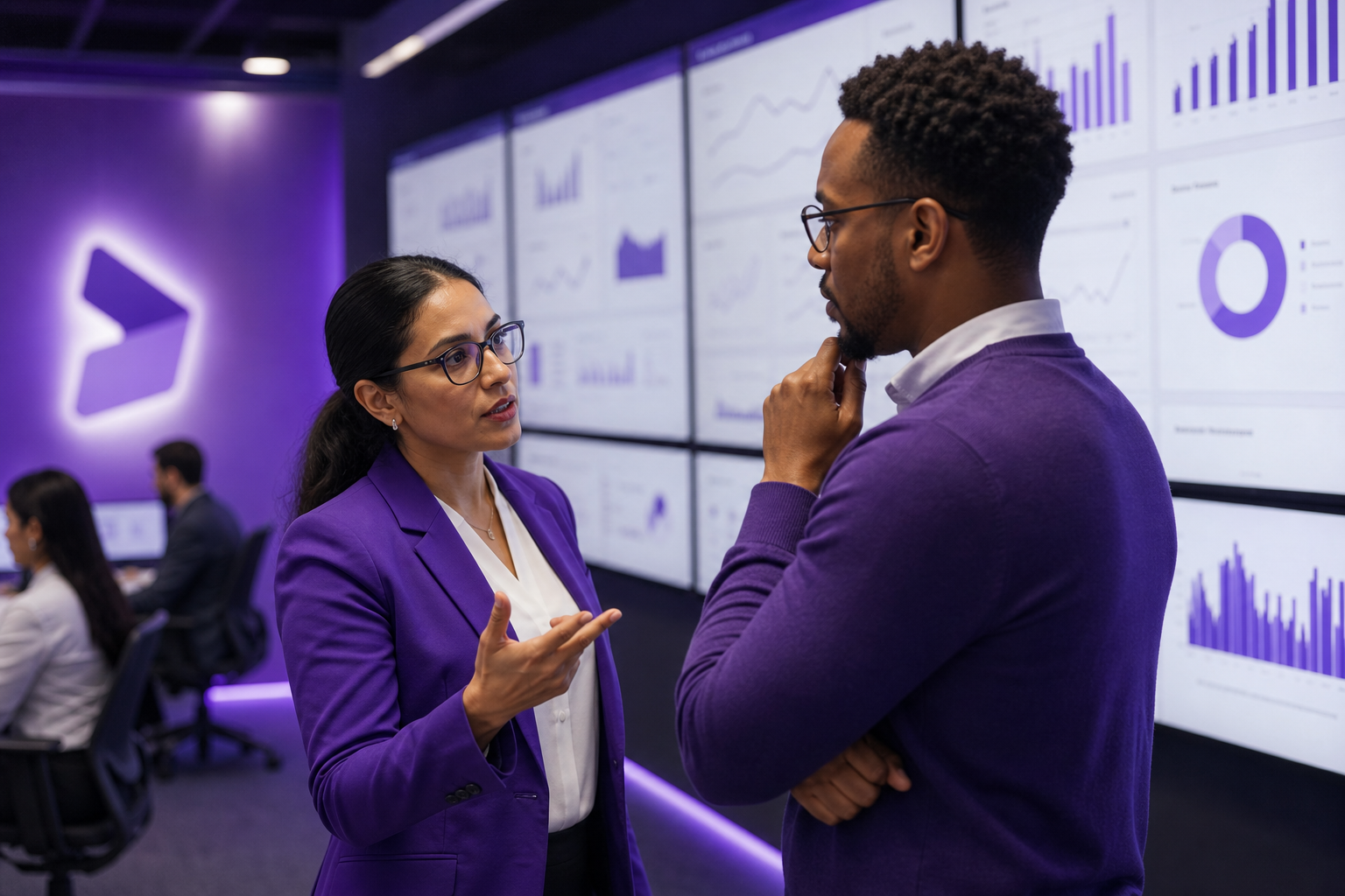 IT leaders reviewing dashboards of Microsoft Fabric and Power BI on multiple screens in a collaborative, enterprise setting