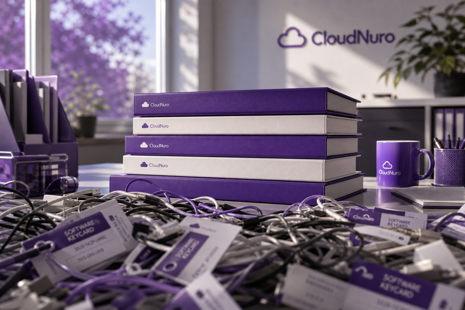 Editorial photo of disorganized hardware fading into neatly structured folders, representing optimized software spend.