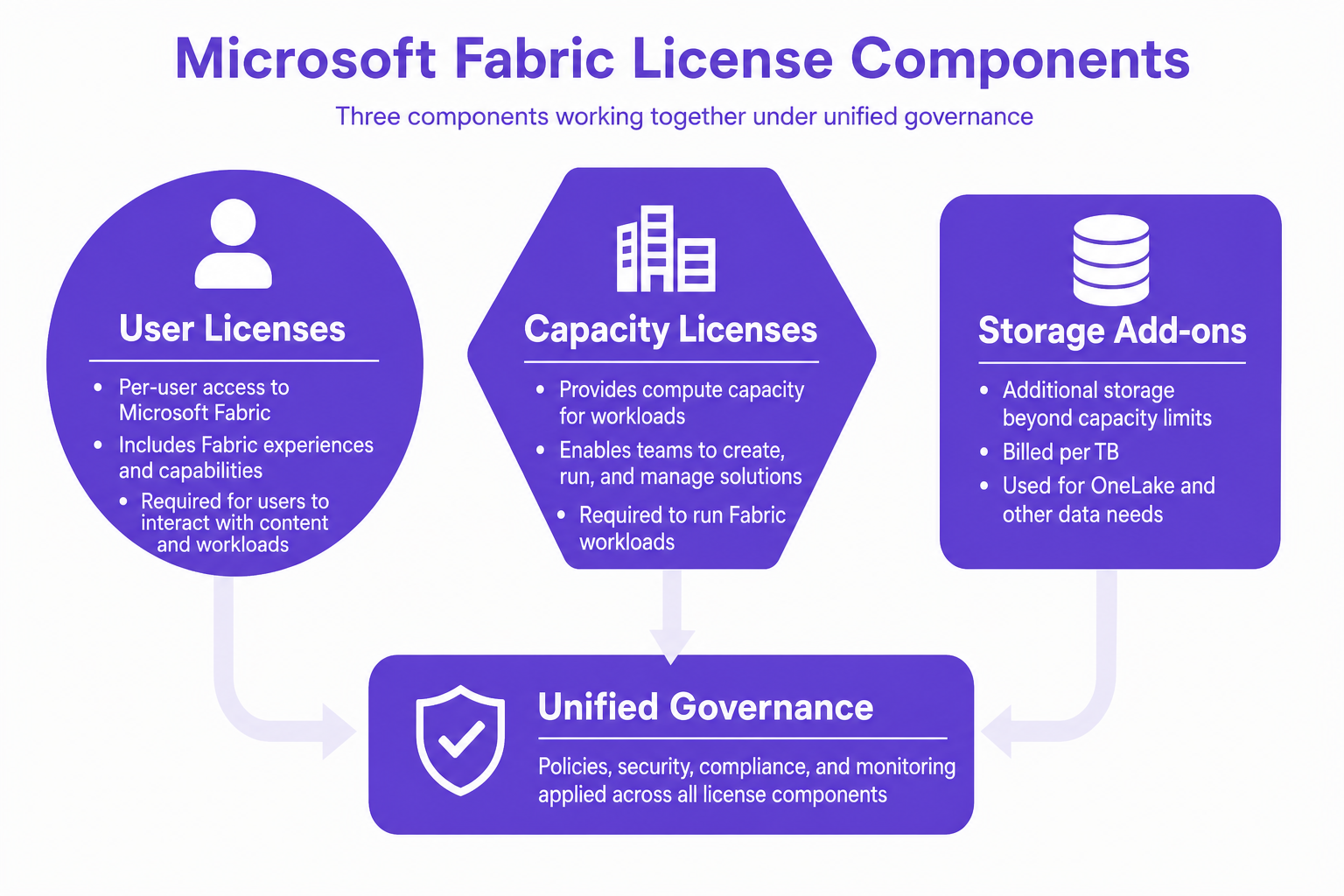 Labeled diagram breaking down Microsoft Fabric license components: user, capacity, and add-ons