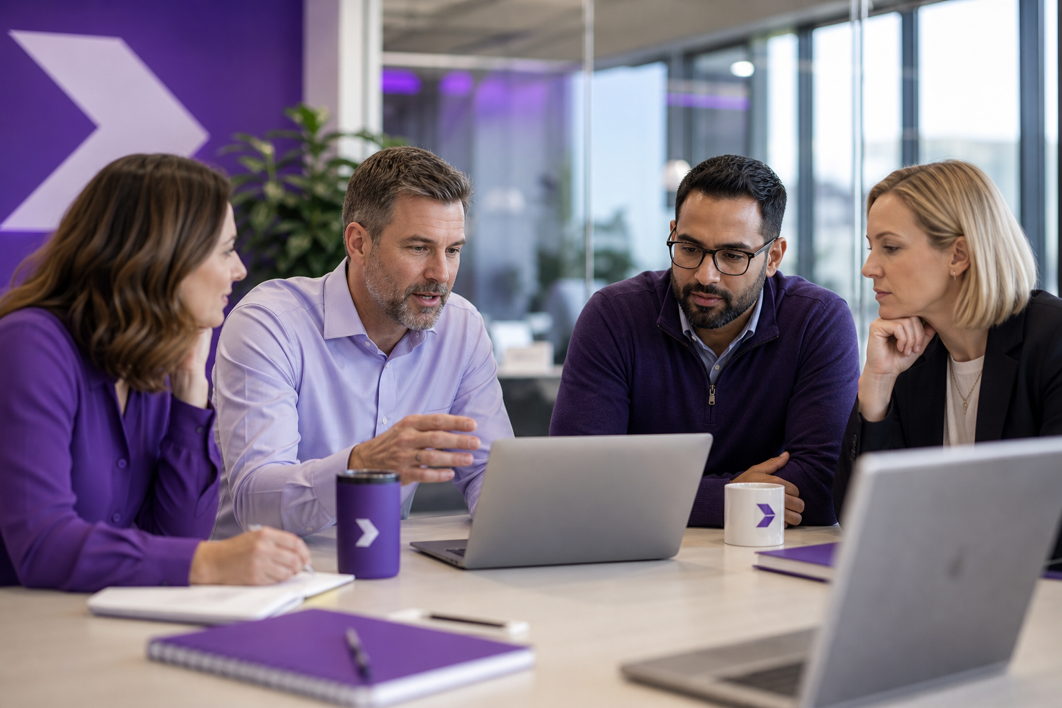 Corporate IT and finance leaders collaborating on license optimization in a modern office.