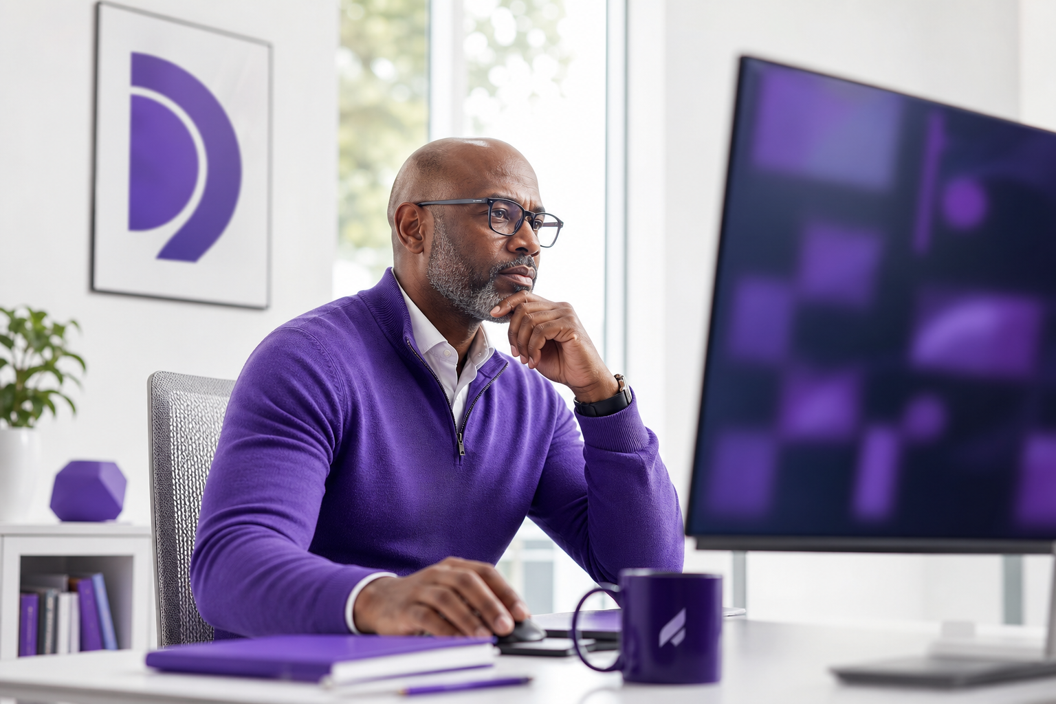 Editorial photograph of an IT leader reviewing abstracted workload visibility insights in a modern office.