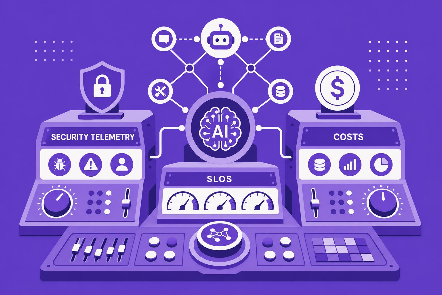 Concept illustration of a unified agent observability dashboard showing agent metrics, security, cost, and SLOs