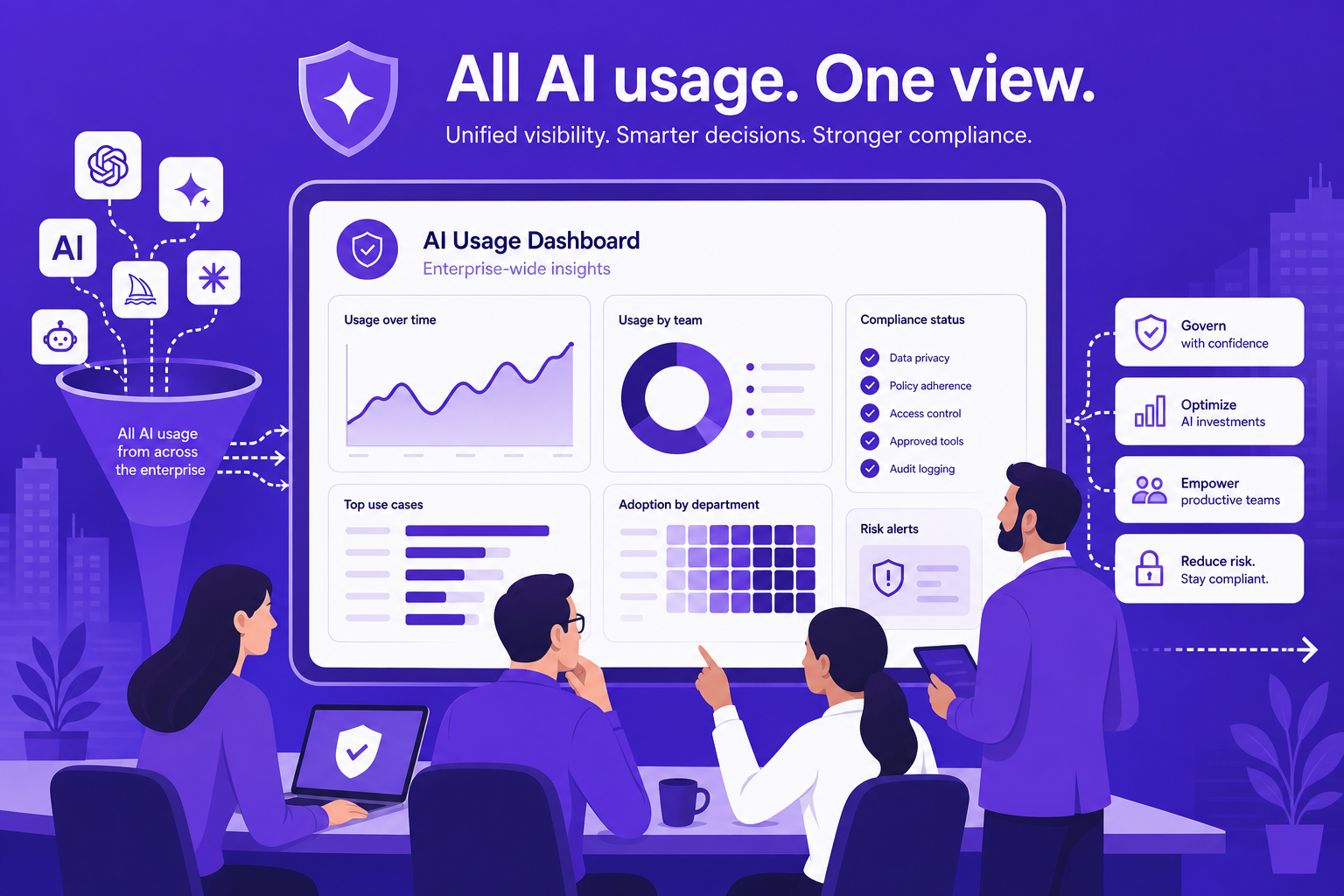 Flat editorial concept illustration of an enterprise team reviewing an AI usage monitoring dashboard