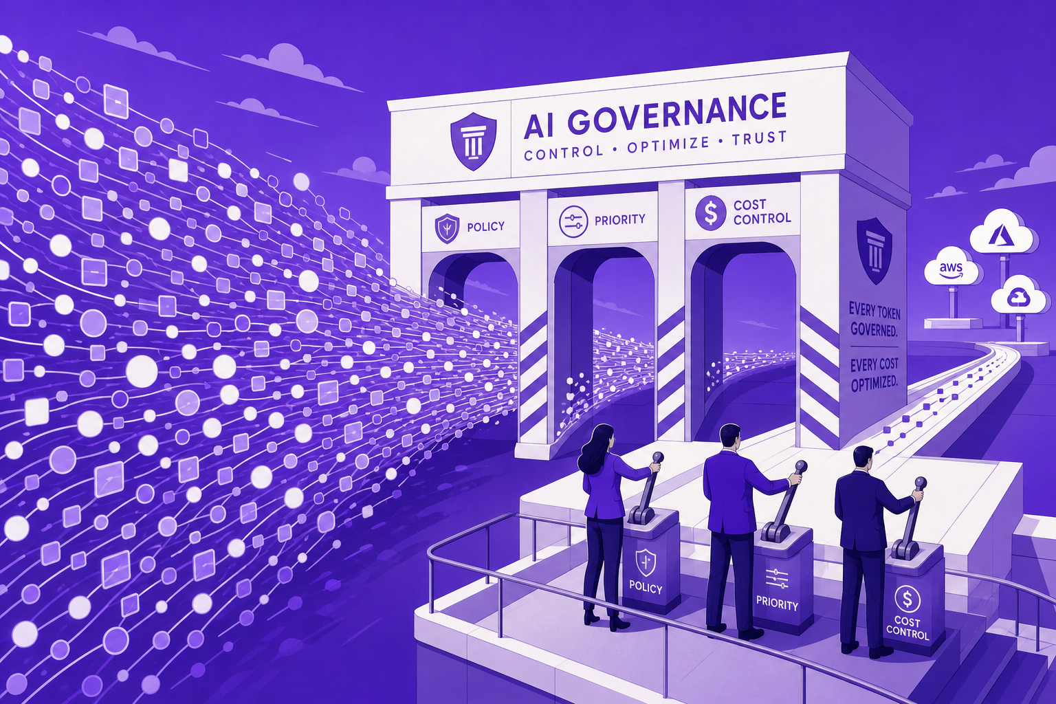 Concept illustration of enterprise leaders governing a stream of data tokens to optimize AI costs.