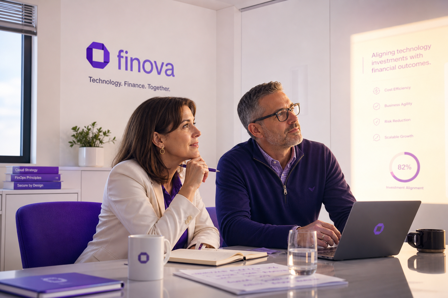Group of IT and finance executives reviewing AI management dashboard