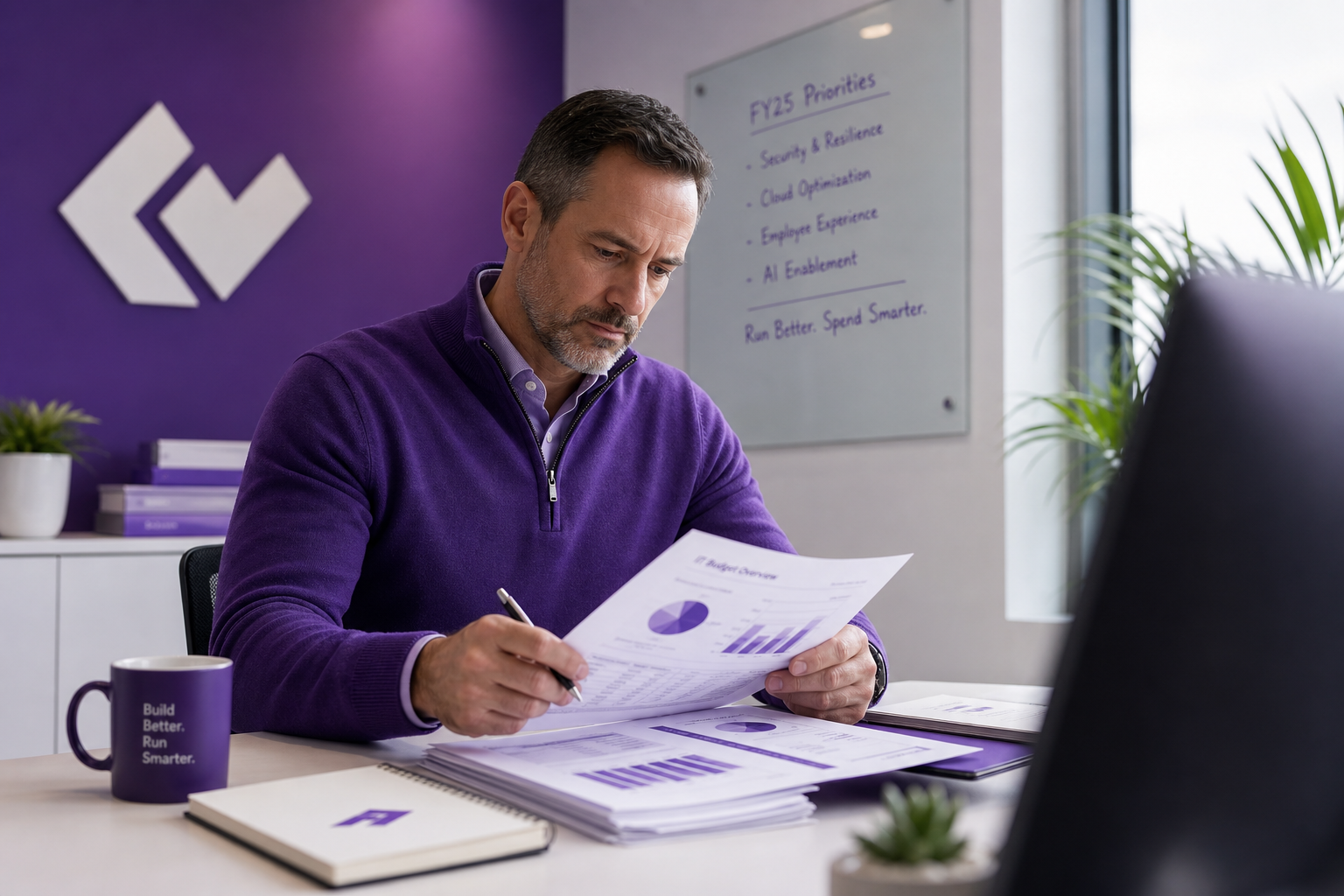 Enterprise IT leader examining AI budget reports with SaaS dashboards