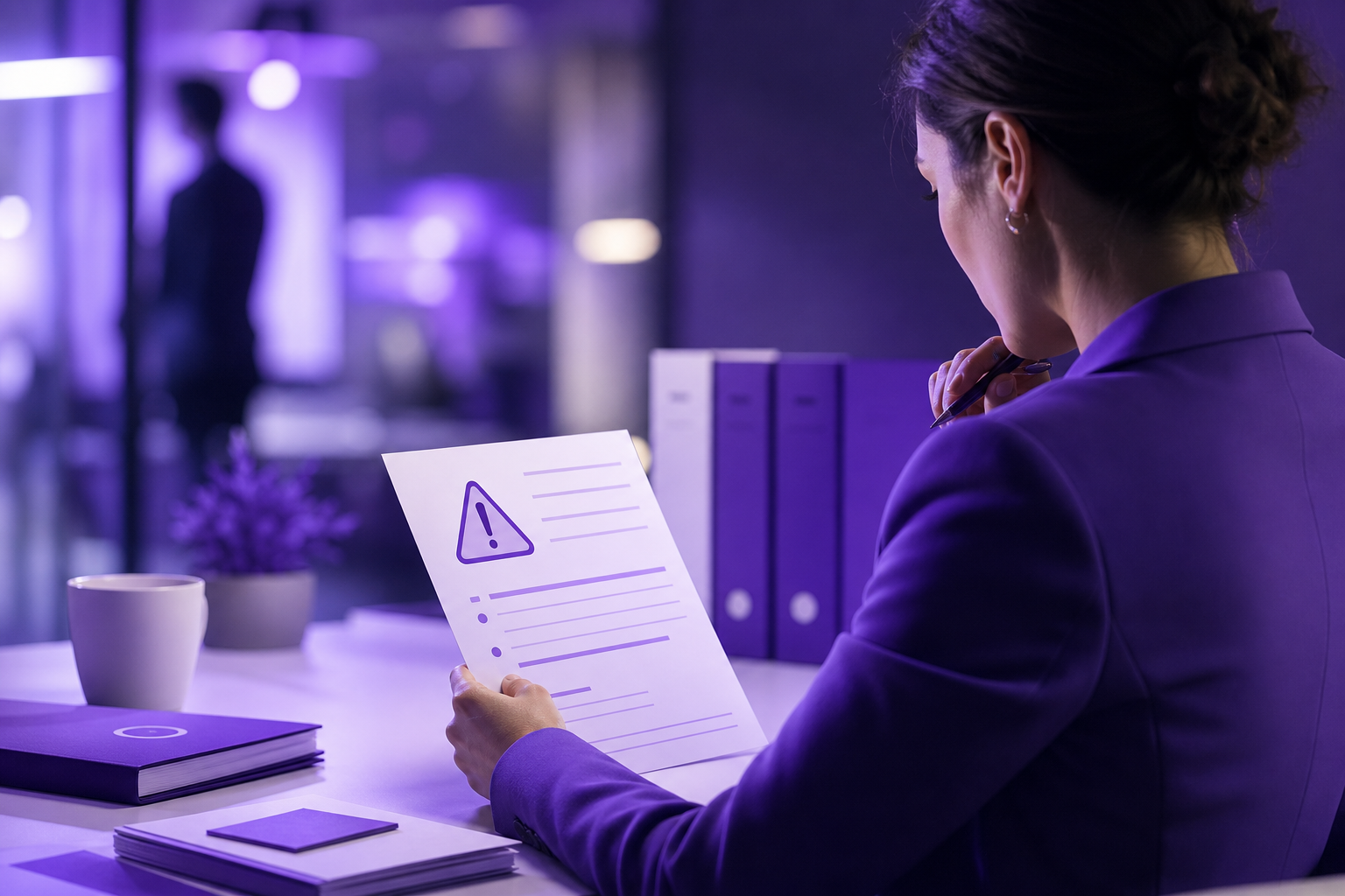 Editorial photograph representing SaaS dashboard with AI risk flags and compliance alerts in an enterprise environment
