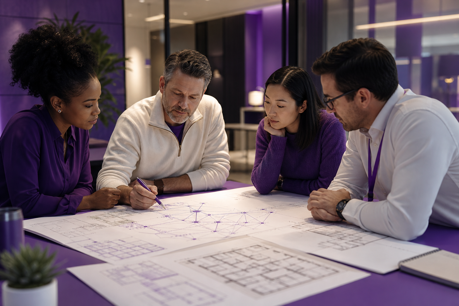 IT and compliance teams collaborating in a modern workspace, digital overlay showing network maps and AI tool icons, CloudNuro-themed colors