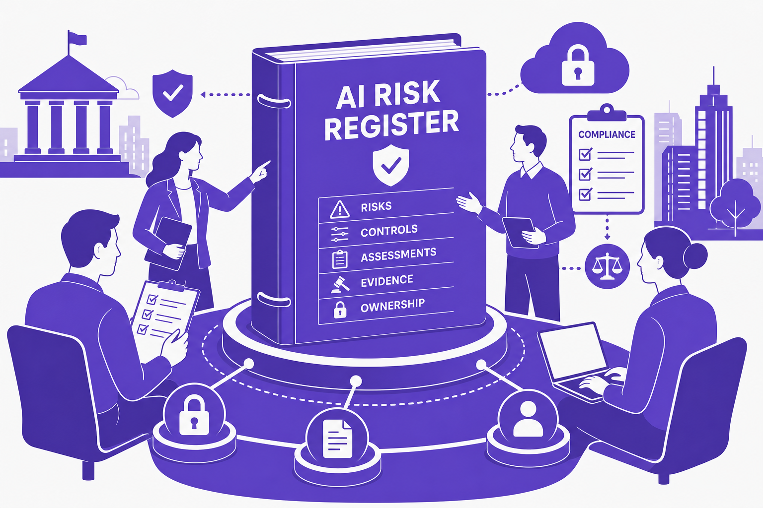 Flat editorial illustration of an enterprise IT and compliance team collaborating on a digital AI risk register