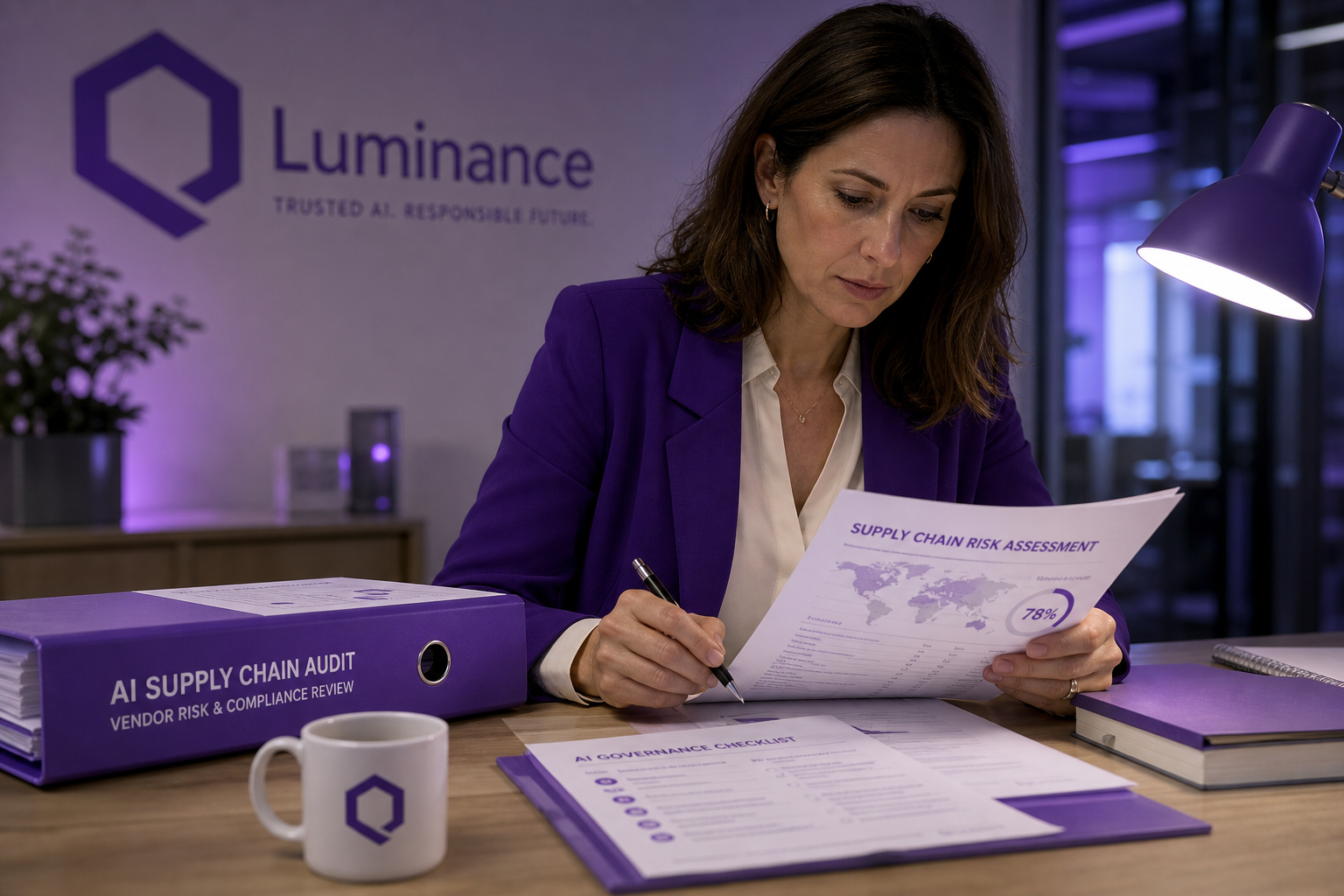 Editorial photograph of a professional reviewing AI compliance and supply chain oversight.