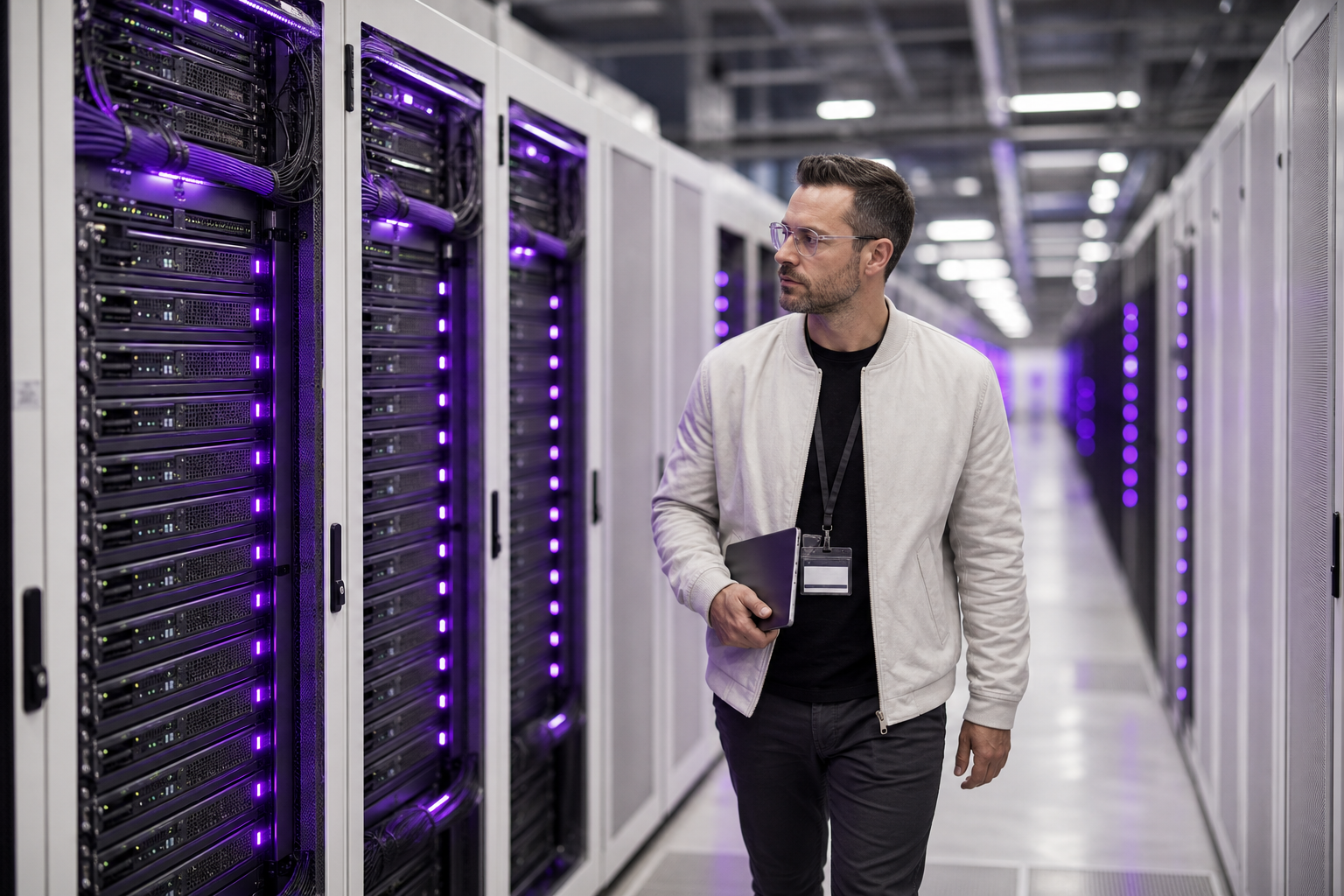 IT infrastructure manager inspecting GPU server racks in a modern cloud data center