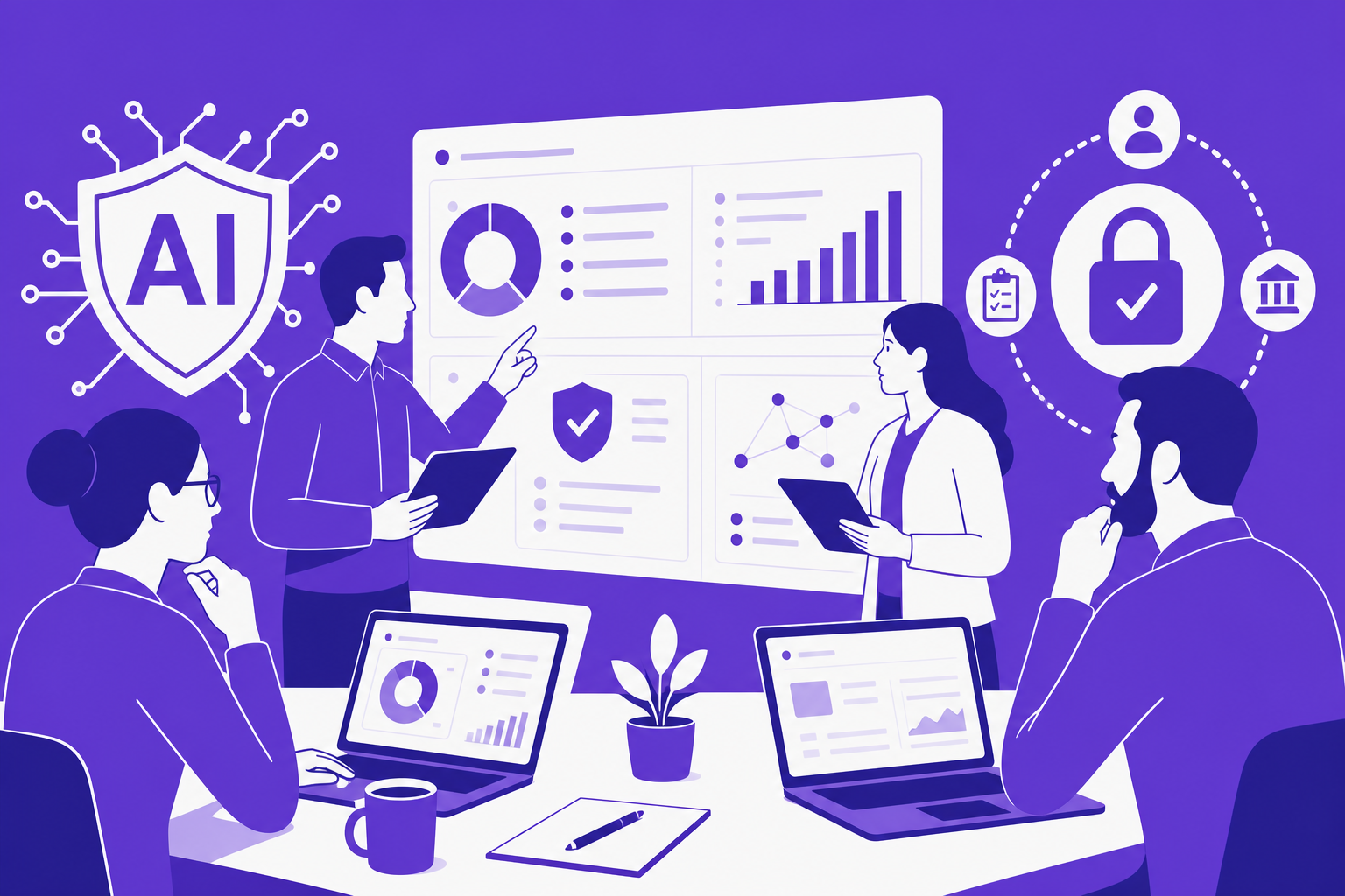 Illustration of IT/security leadership reviewing AI governance dashboards on multiple devices