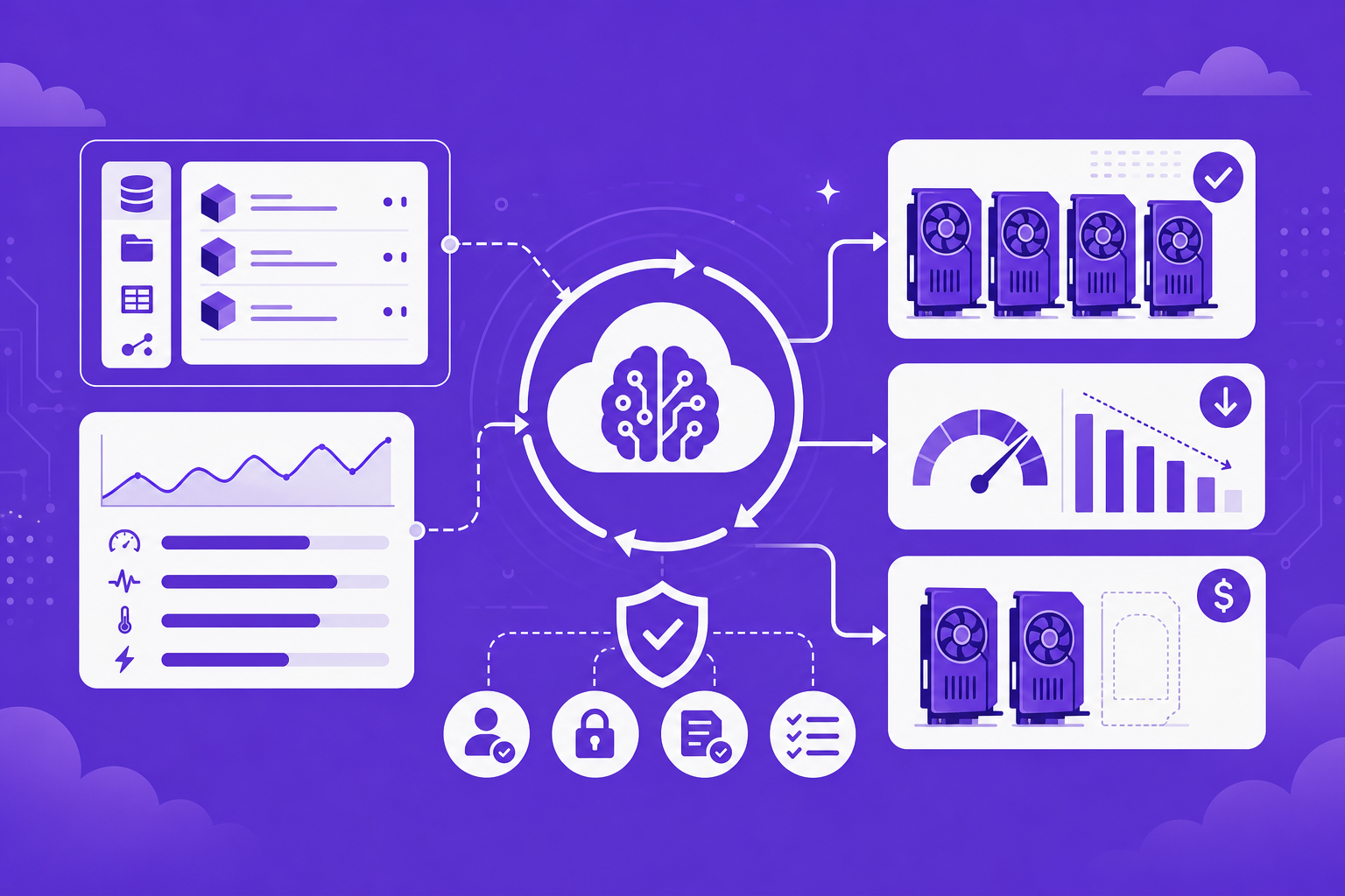 Concept illustration depicting an abstract, automated optimization workflow interface for GPU fleets.