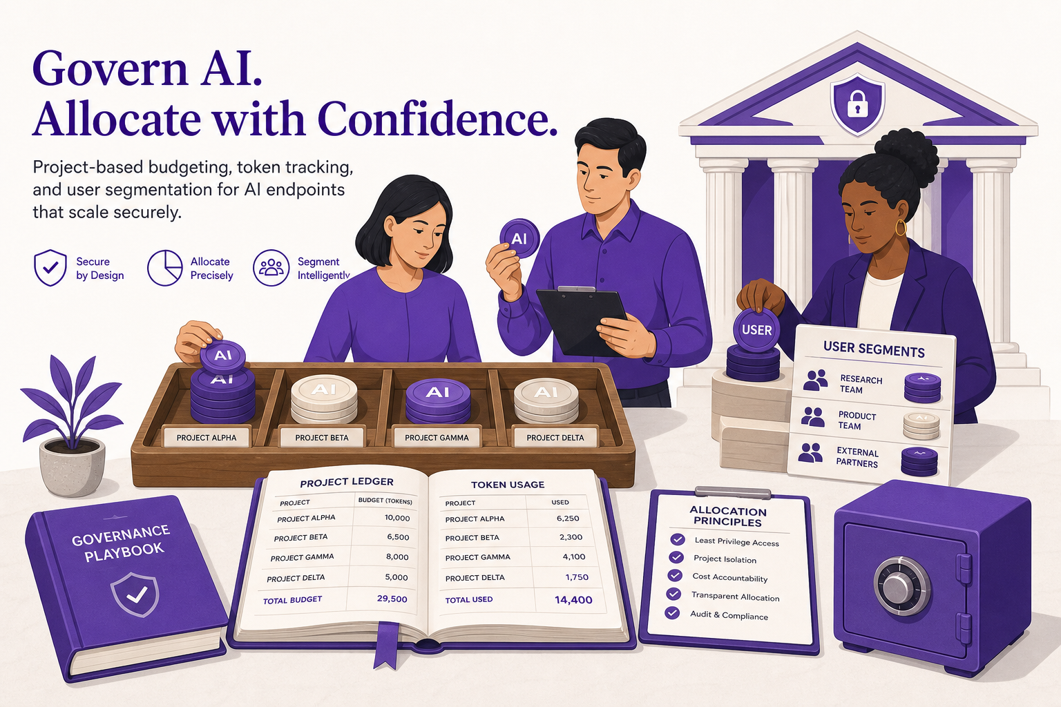 Concept illustration representing SaaS governance, project-based budgeting, and token tracking for AI projects.