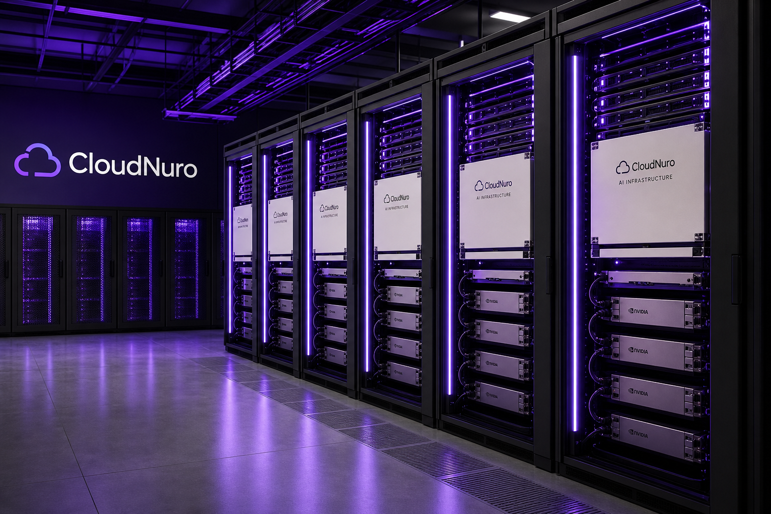Server room with illuminated GPU racks for AI infrastructure