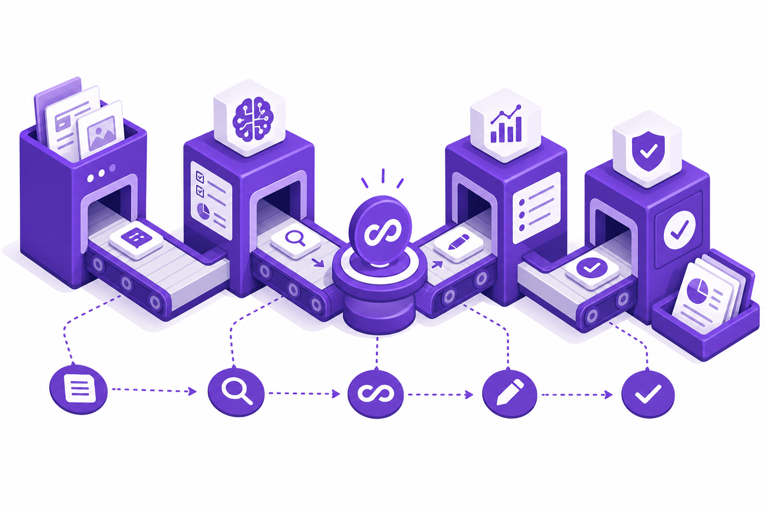 Flat editorial illustration showing AI agents handing off tasks in a multi-step workflow assembly line