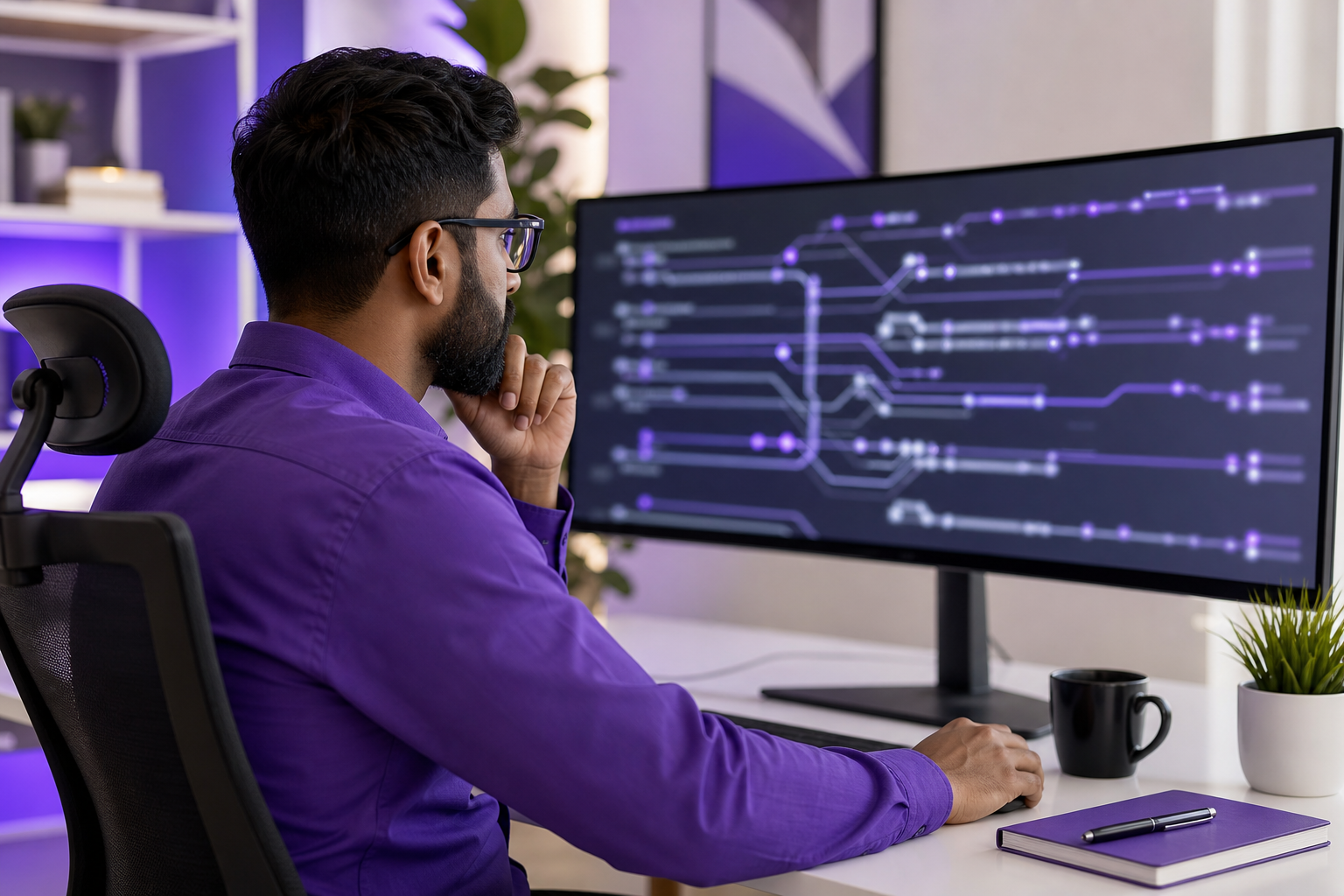 Editorial photograph of an IT leader reviewing an out-of-focus workflow trace timeline on a screen