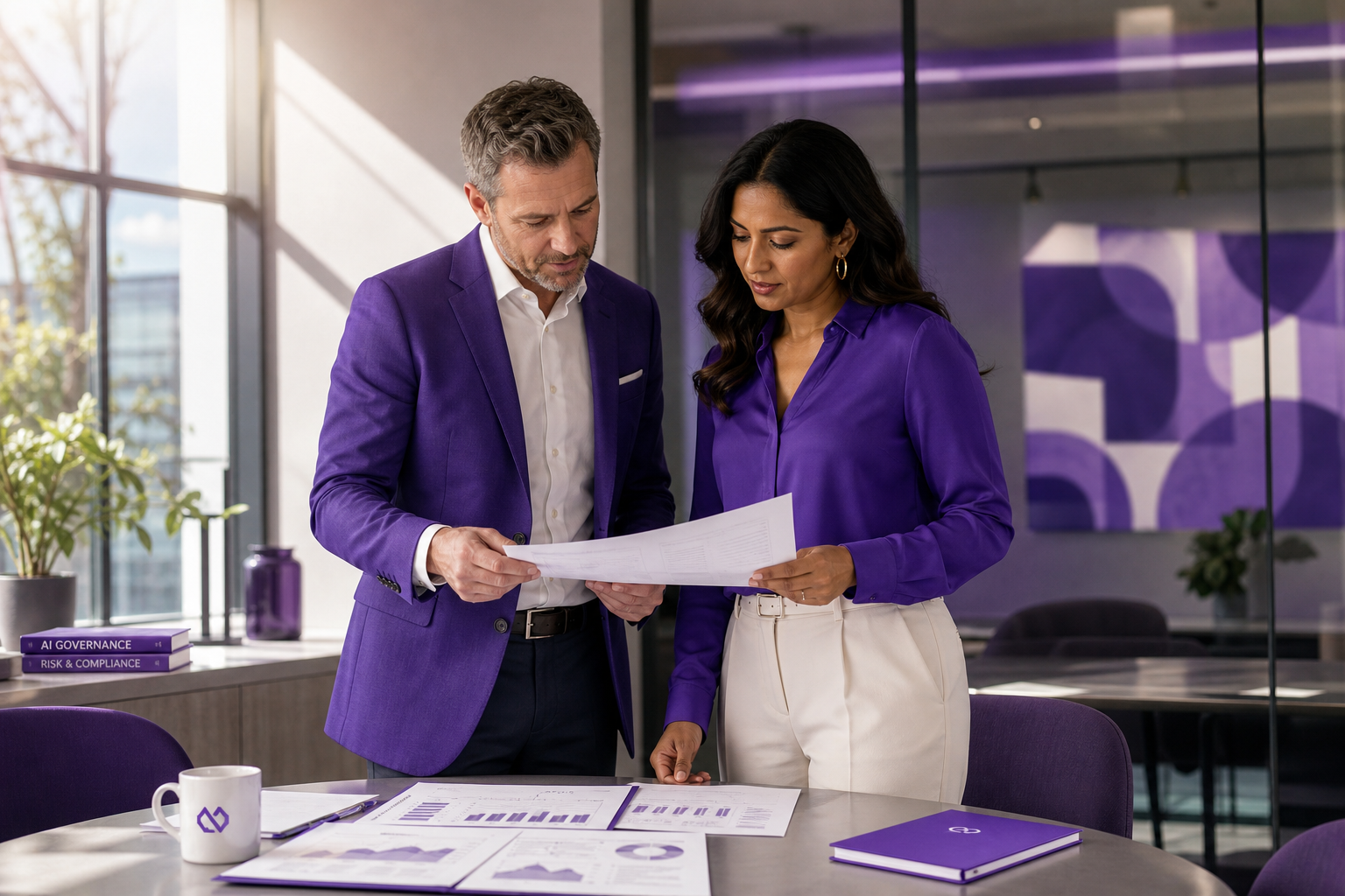 Enterprise IT and finance leaders reviewing strategy documents in a modern office