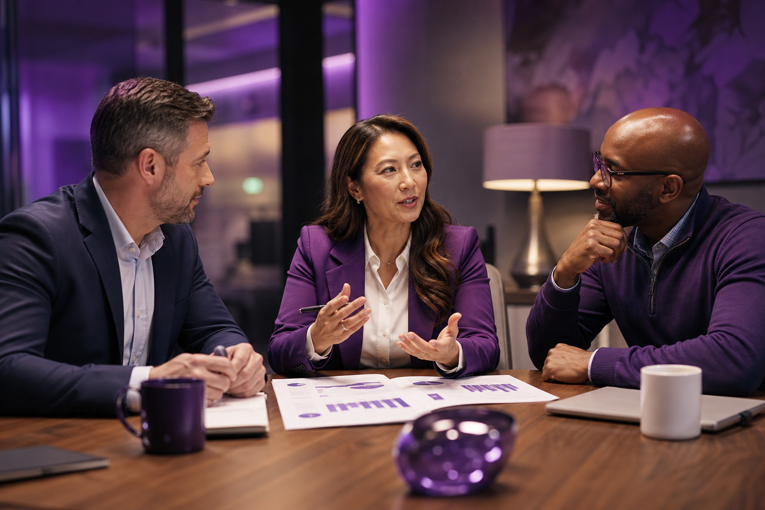 Editorial photograph of enterprise technology leaders collaborating over financial strategies