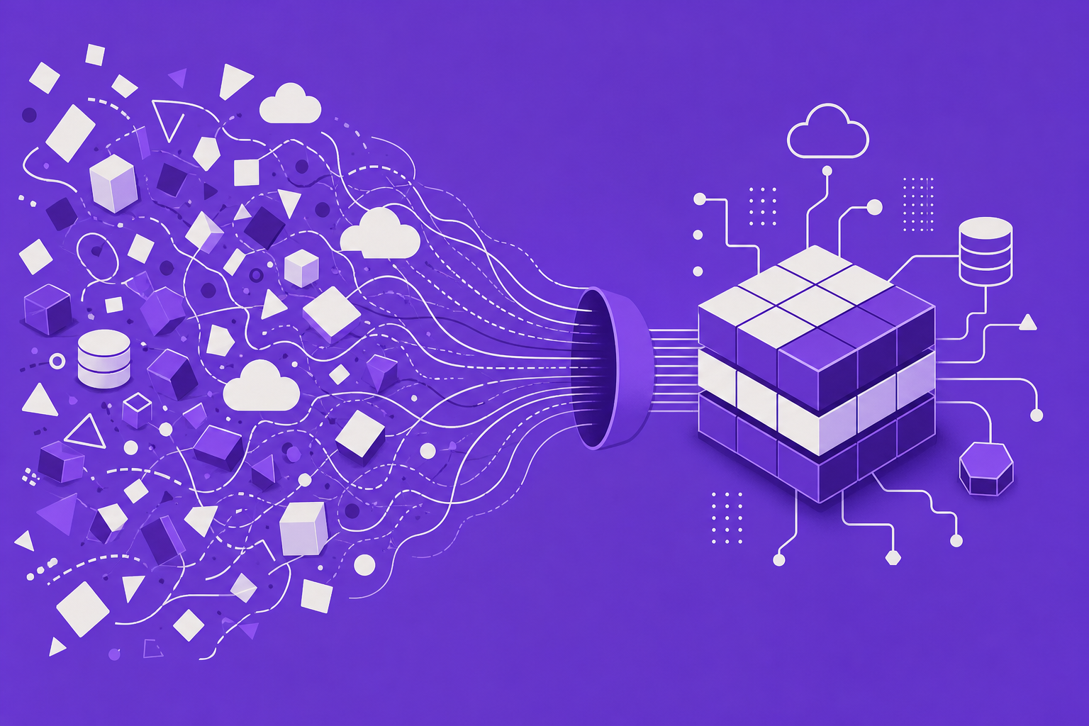 Illustration of unifying complex AI, SaaS, and cloud ecosystems into an organized structure