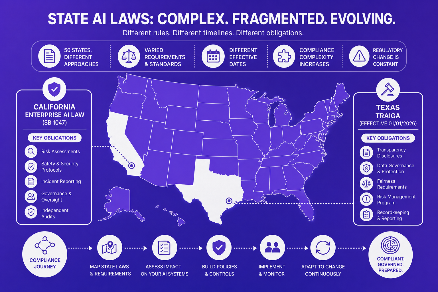 Infographic map showing a fragmented US AI compliance landscape with Texas and California highlighted.