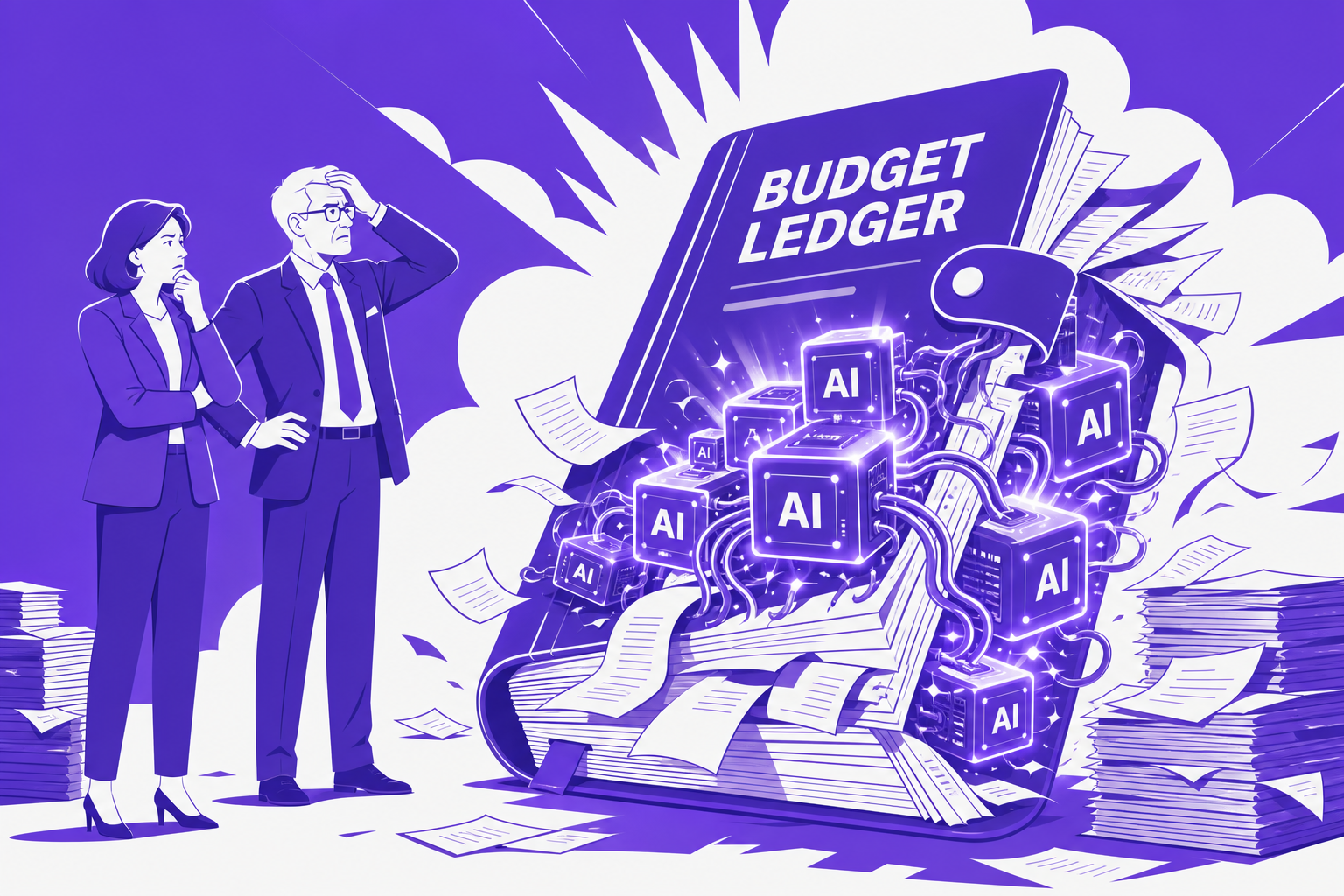 Flat editorial concept illustration of executives examining a massive budget ledger bursting with AI compute nodes