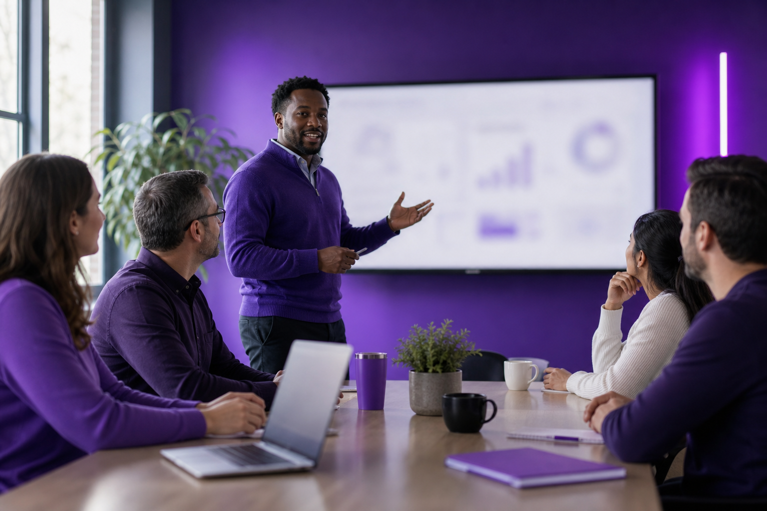 Corporate IT team reviewing AI analytics dashboards, with token usage graphs and budget alerts visible on large screens.