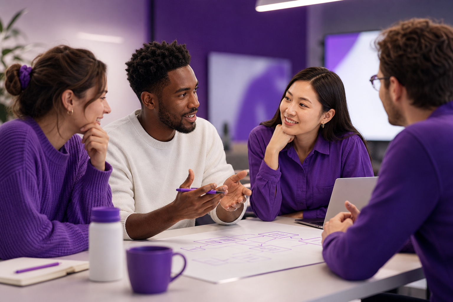 Engineering team discussing AI model performance and reviewing risk alerts at a meeting table.