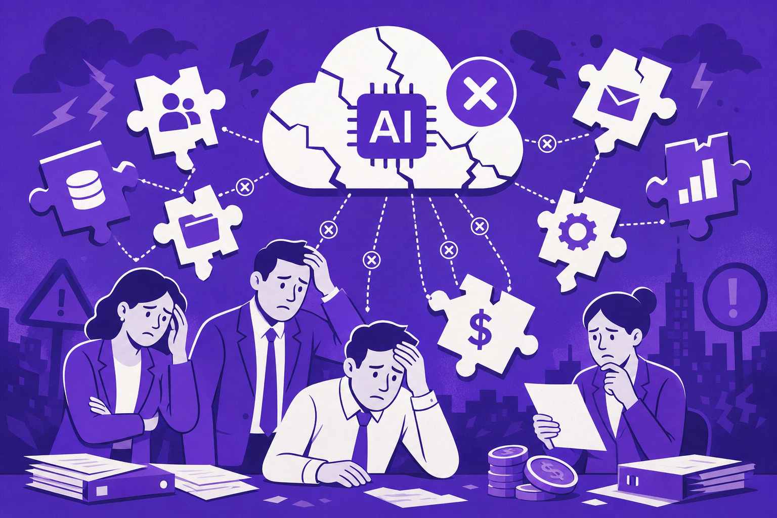Concept illustration of an enterprise IT and finance team responding to an AI outage amid fragmented tools