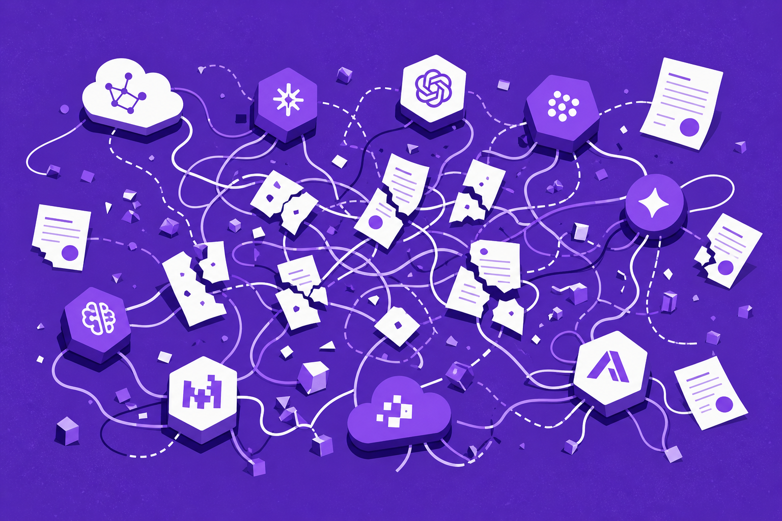 Illustration showing scattered AI data nodes and cost documents