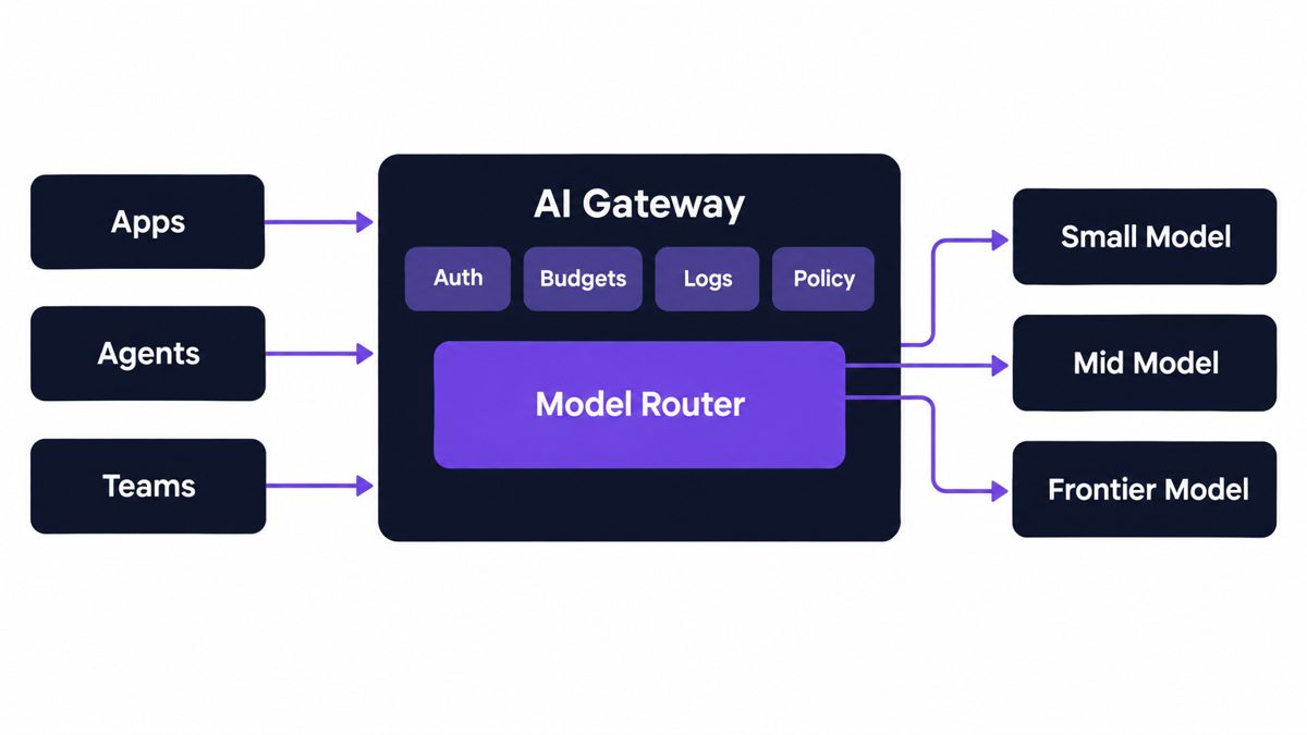 Diagram showing apps, agents and teams sending requests through an AI gateway with auth, budgets, logs and policy, where a model router inside the gateway sends each request to a small, mid or frontier model