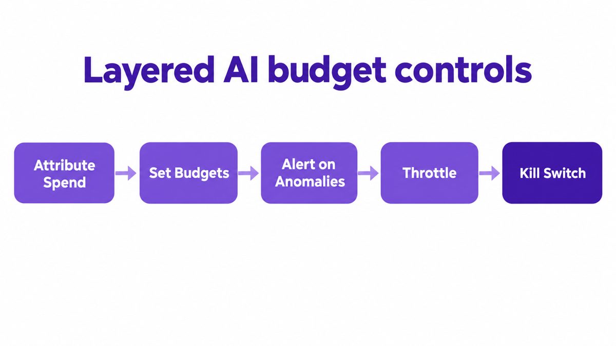 Five-step flow of AI budget controls: attribute spend, set budgets, alert on anomalies, throttle, kill switch.