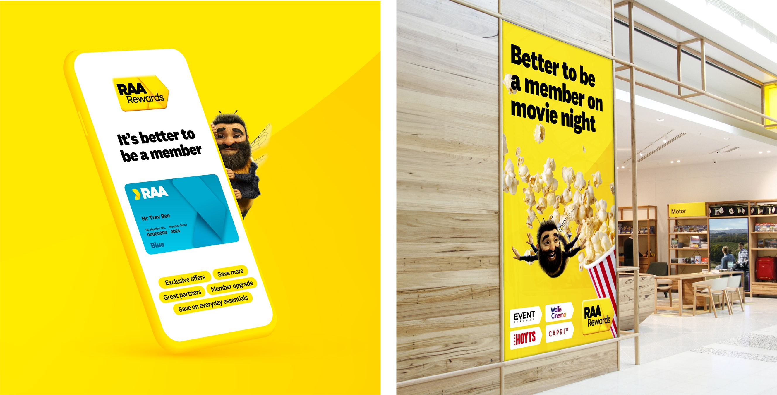 Left: Image of RAA Membership card on phone with Trev peeking out from behind. Right: Image of RAA Rewards poster in front of an RAA Shop