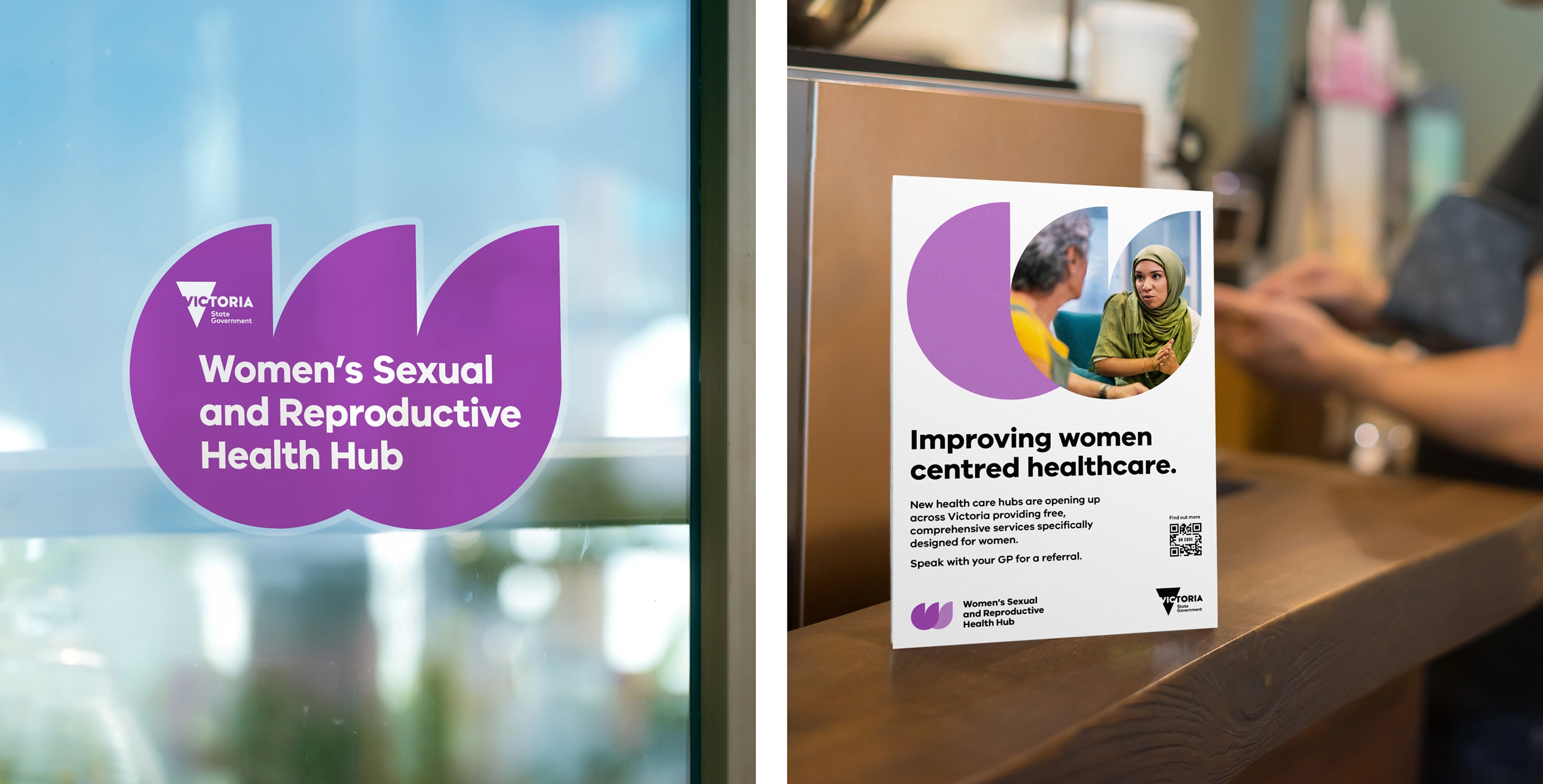 LHS: Women's Sexual Health Hub window sticker. RHS: Women's Sexual Health Hub counter card at a GP clinic.