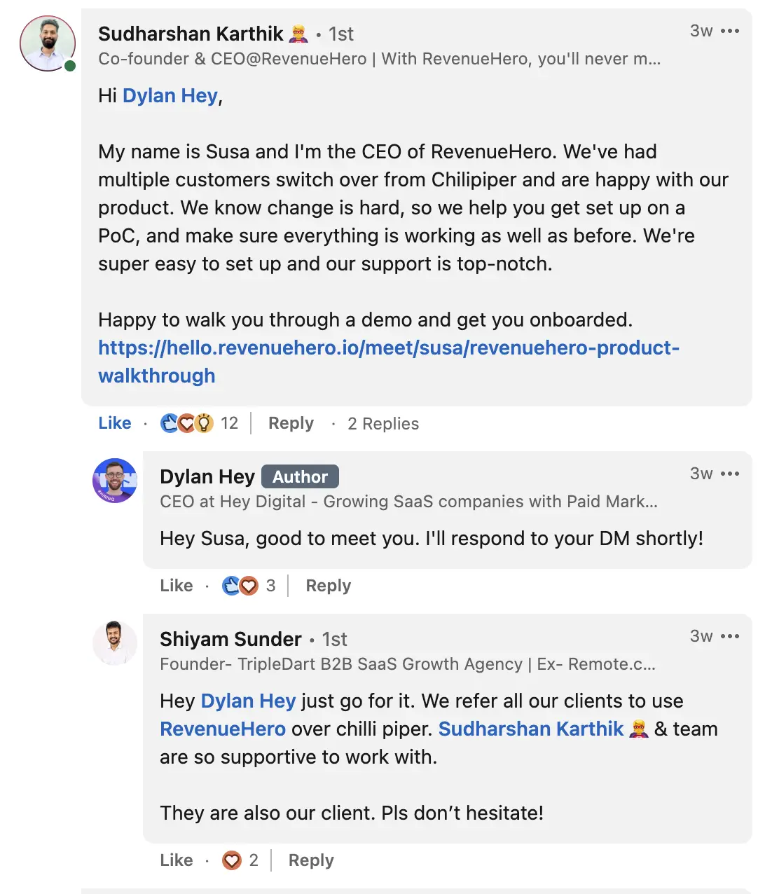 CEO of Revenue Hero jumping into a LinkedIn Conversation