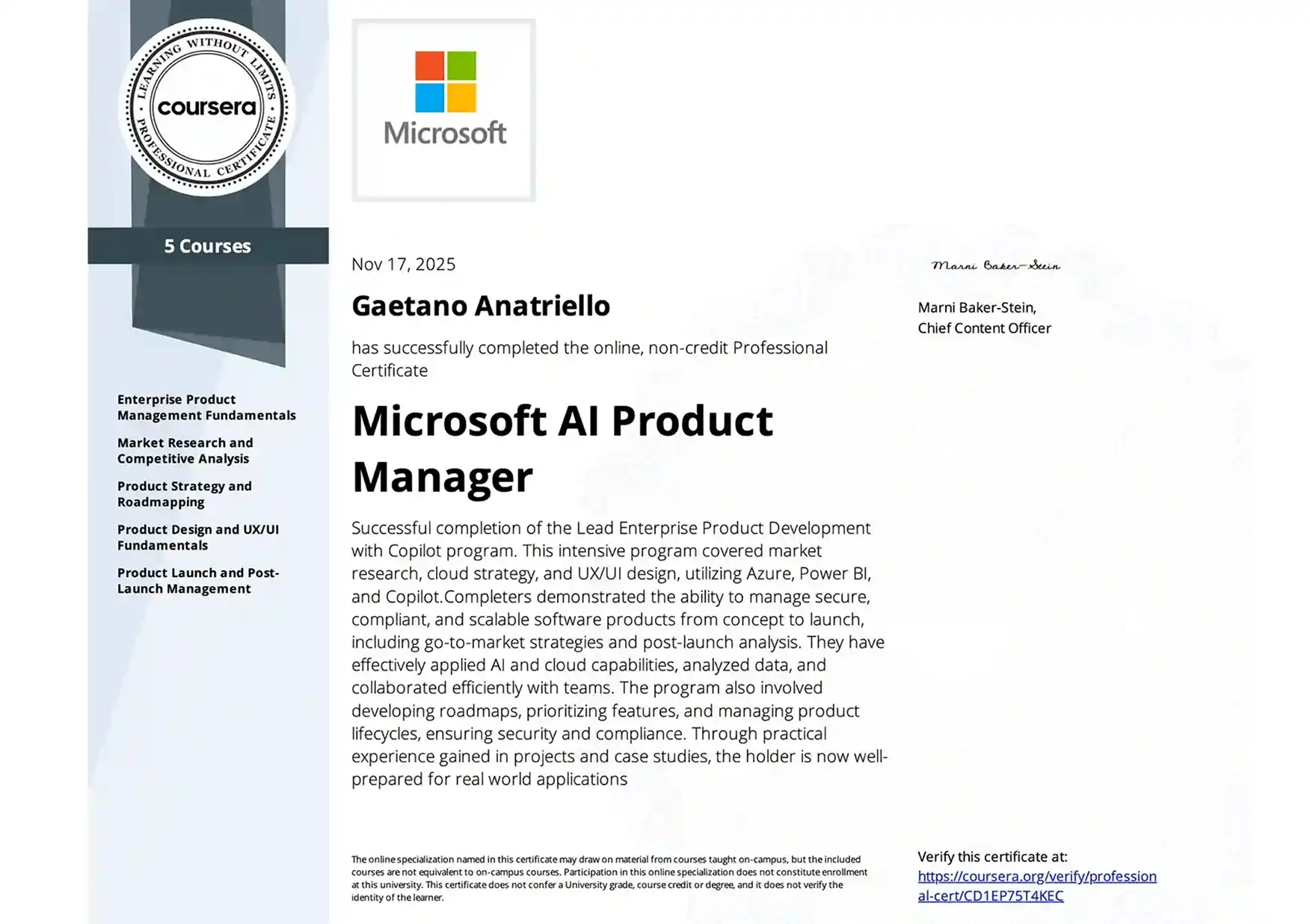 Microsoft AI Product Manager Professional Certificate awarded to Gaetano Anatriello by Coursera and Microsoft, dated Nov 17, 2025, detailing completion of 5 courses including product management and UX/UI fundamentals.