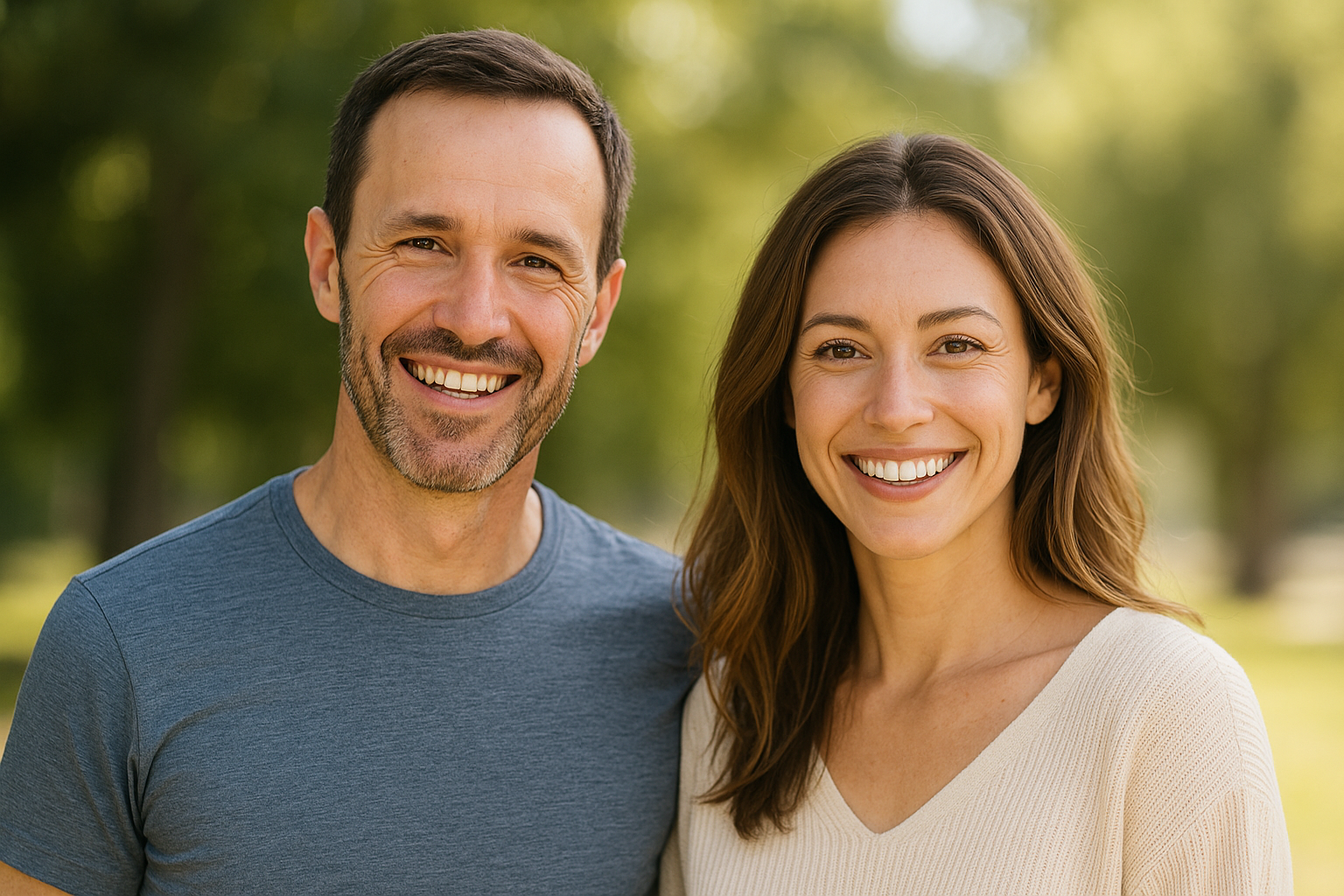  Happy man and woman smiling outdoors in a natural wellness setting, representing confidence and positive aesthetic results.