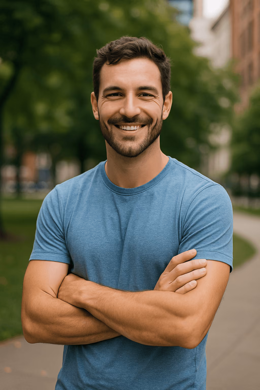 Confident smiling man outdoors representing modern men’s wellness and comfort for Scrotox and CockTox combo treatments in Chicago.